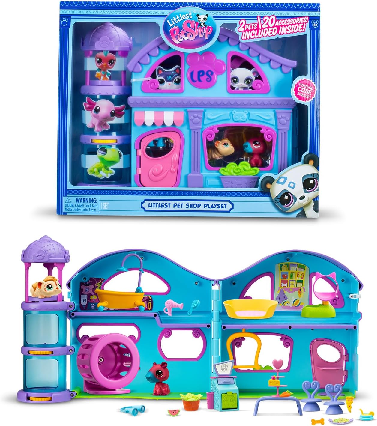 Bandai - Littlest Pet Shop - The Great House of Pet Shops - Play Set with 2 Pet Shops Included and 20 Accessories - Mini-Figurines Collectible Animals - Toy for Children from 4 Years and Up - BF00575