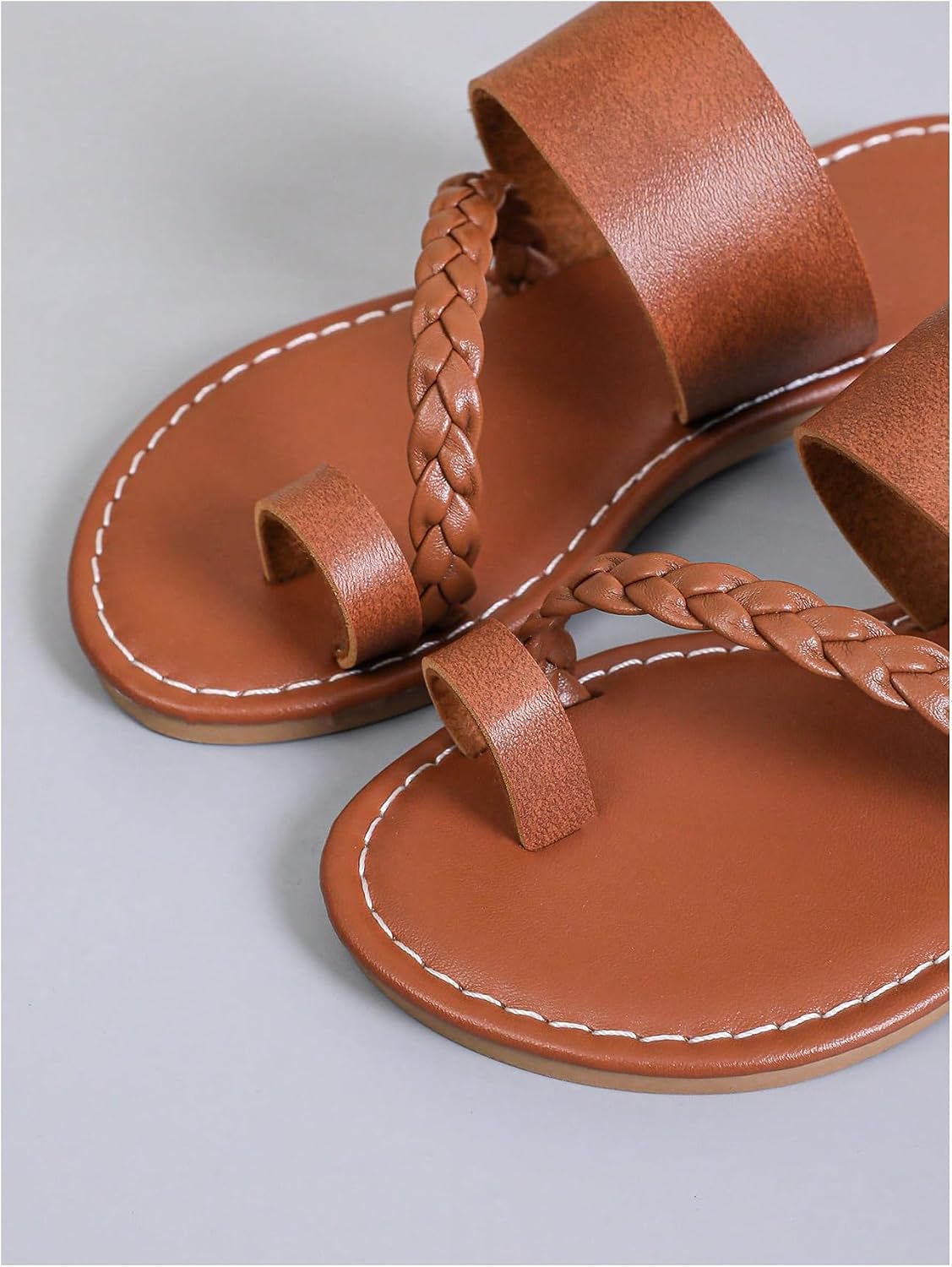 GORGLITTER Girl's Strappy Leather Flats Sandal Cute Braided Dressy Toe Ring Slip on Slide Sandals