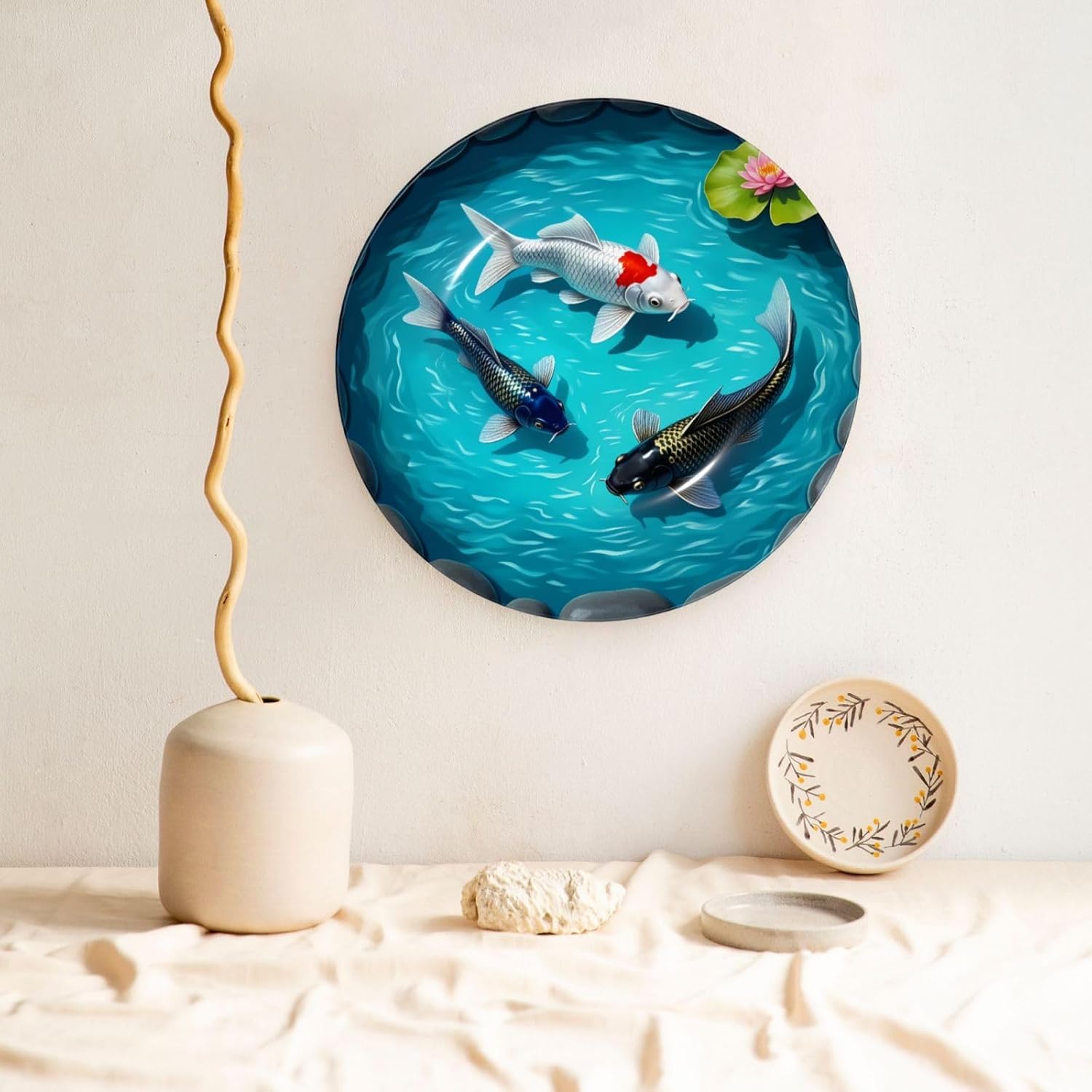 Koi Fish In Stone Pool Style Ceramic Plate Display Decorative Plate With Stand Wall Hanging Plate For Home Decor 10 Inch