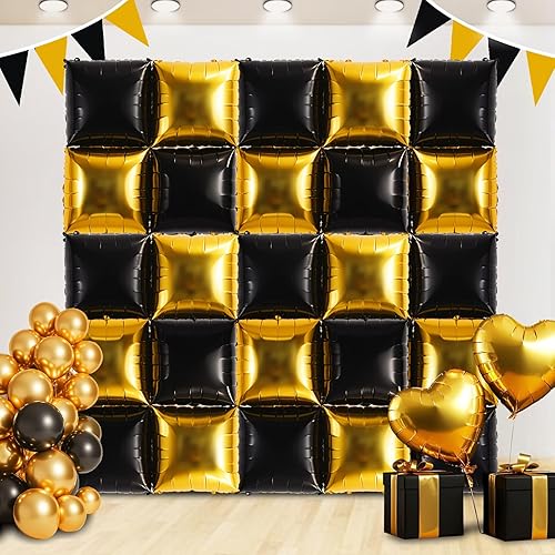 TONIFUL Juego de 30 globos cuadrados de papel de aluminio para pared, color dorado y negro, de doble cara, de Mylar de doble cara, arco de fondo