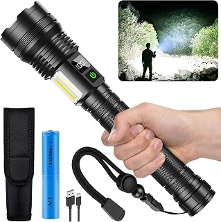 ASORT Wiederaufladbare Taschenlampe 990.000 Lumen, Extrem Hell USB Aufladbar Taktische Taschenlampen, Zoombar, IP67 Wasserdicht 10 Lichtmodi für Home, Outdoor, Notfälle, Patrol, Camping(Mit Akku)