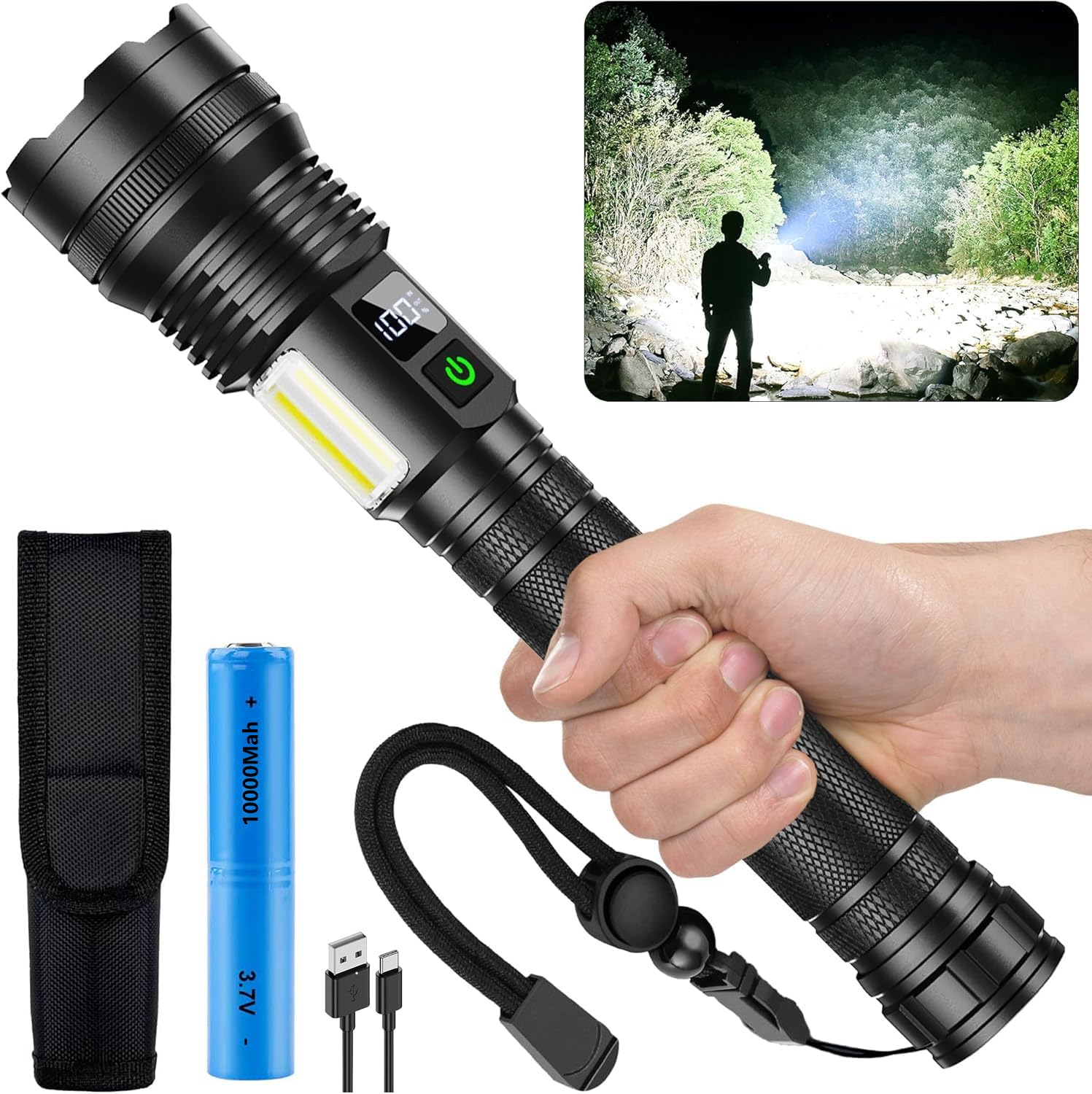 ASORT Wiederaufladbare Taschenlampe 990.000 Lumen, Extrem Hell USB Aufladbar Taktische Taschenlampen, Zoombar, IP67 Wasserdicht 10 Lichtmodi für Home, Outdoor, Notfälle, Patrol, Camping(Mit Akku)