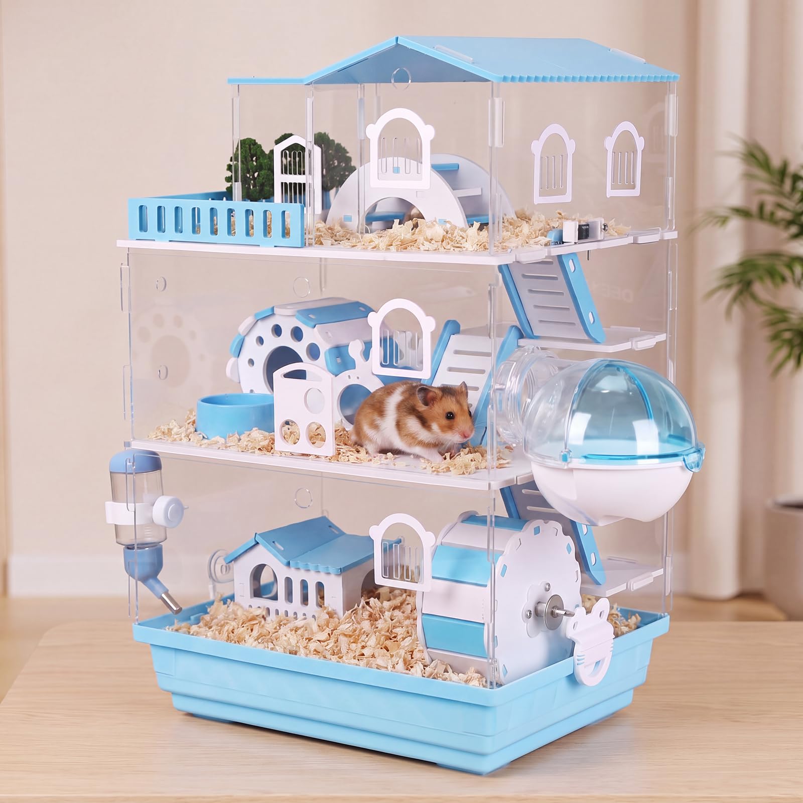 Eccliy Cage pour hamster 15 en 1 en acrylique transparent à 3 couches avec tous les accessoires, 50,8 x 34,7 x 25,4 cm, connexion magnétique, cage à souris de style jardin pour animaux domestiques