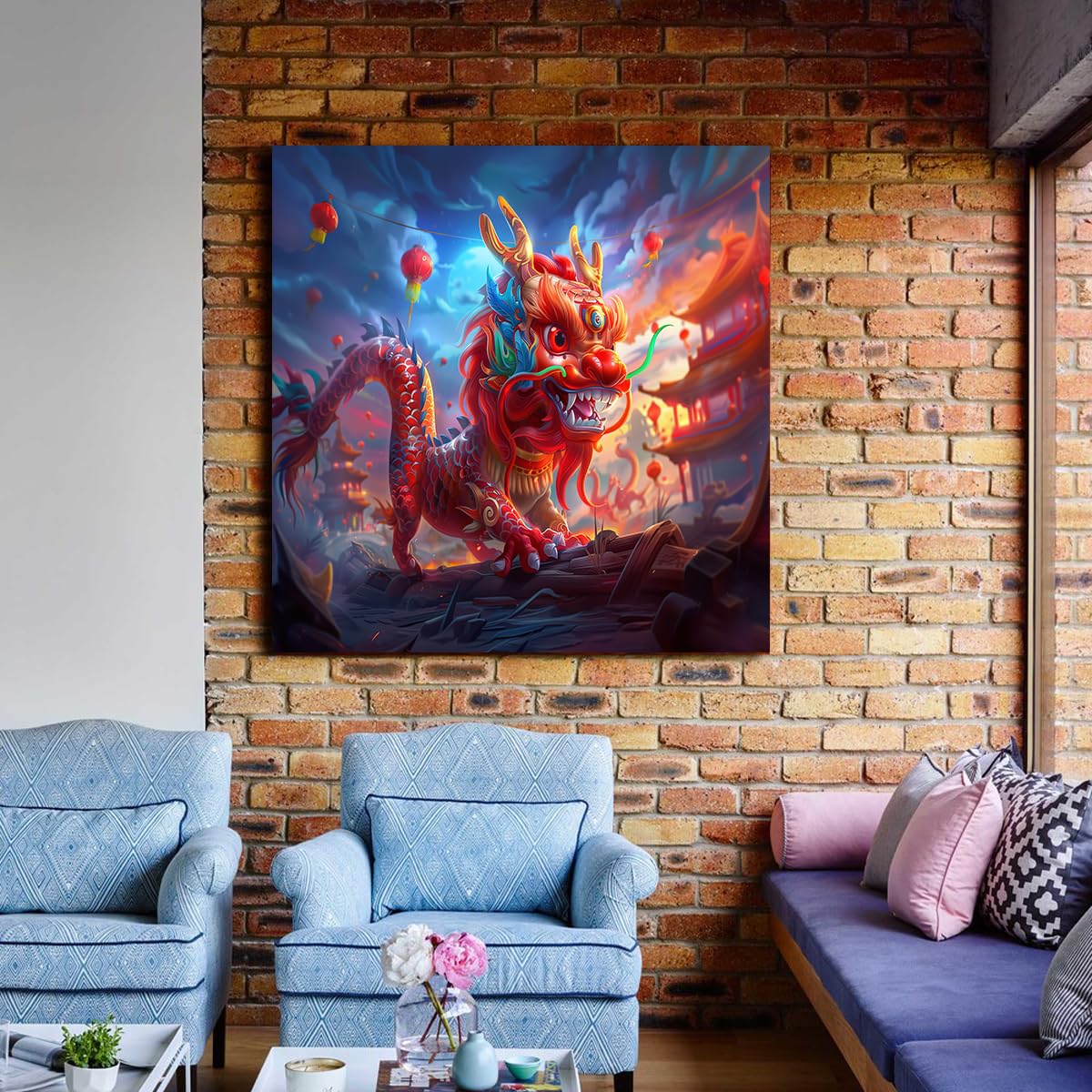 CHERHERART Drago cinese tela opera d'arte decorazione della parete Fantasy Oriental Festival Canvas Poster Pittura per soggiorno sala da pranzo decorazione domestica 55x55cm Innerframe