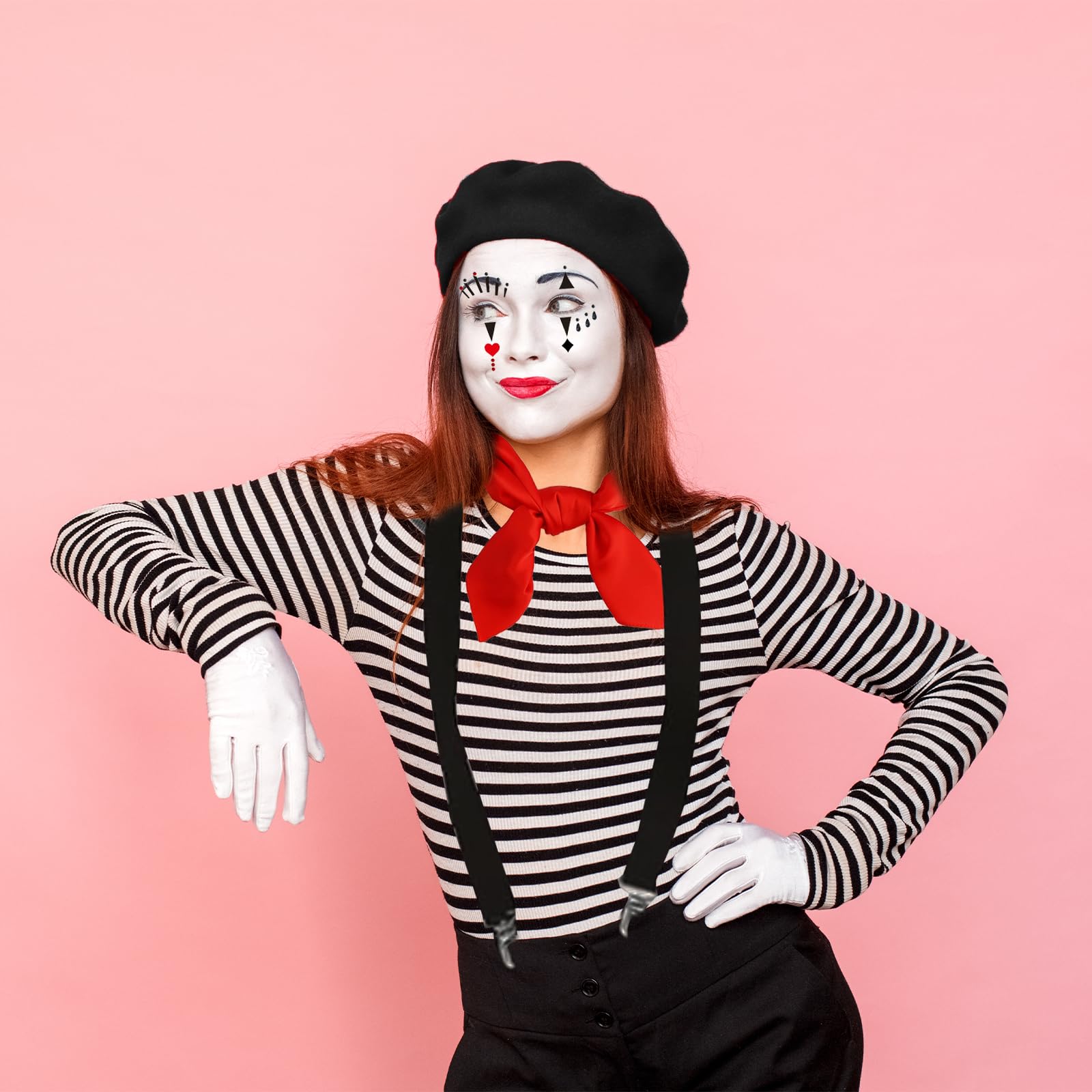 GWAWG Pantomime Costume for Men and Women Pierrot Style Clown Costume with Black Beret, Red Bow Tie, White Gloves - Image 4