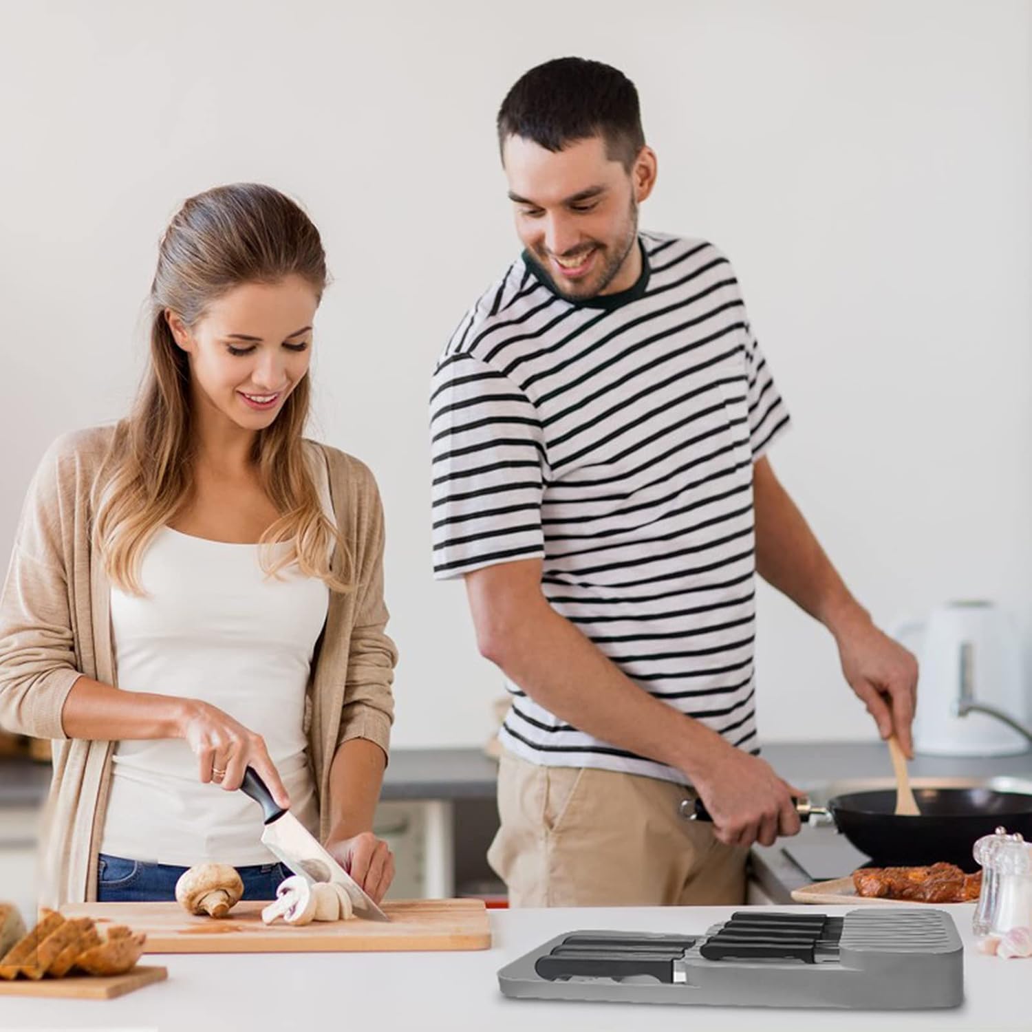 CHLORANTHUS 2 PCS Silverware Organizer - Kitchen Utensil Drawer Organizer Tray for Cutlery Flatware and Knives Storage - Home Dinner Organization for Fork Knife and Spoon Holder Grey