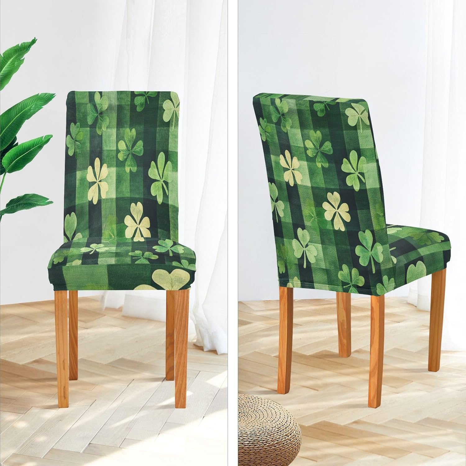 ALAZA Chair Covers for Dining Room, St. Patricks Day Plaid Clover Leaves Stretch Chair Cover Sets Chair Protector Removable Washable for Ktichen Restaurant Hotel