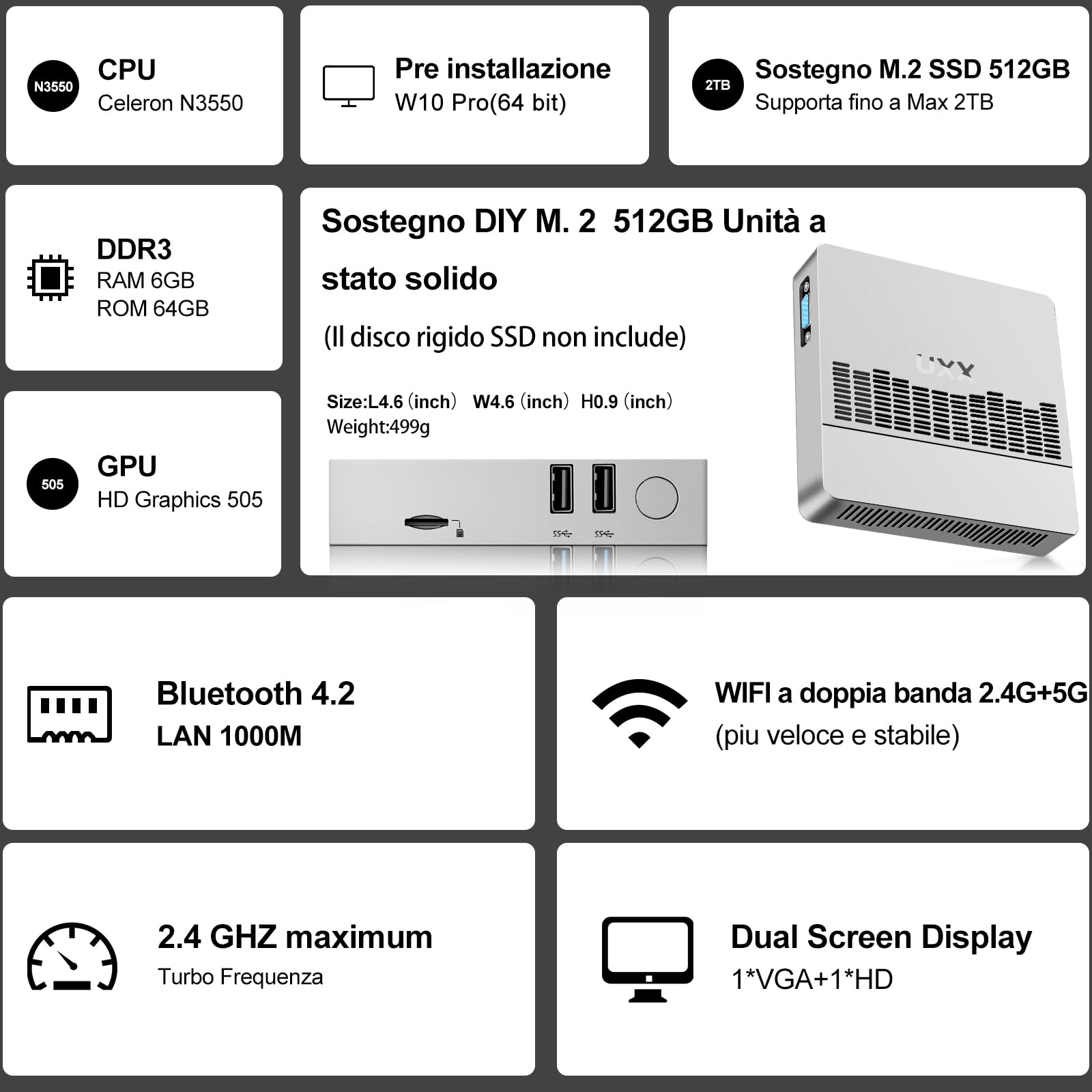2025 Mini PC Supporto 512GB SSD Expansion, N3350 Business Desktop Computer 64GB eMMC, Small PC Gaming 4K IPS HD UHD Dual Display, BT, 2.4/5G WiFi, USB 3.0, per Ufficio/Casa-Silbrig