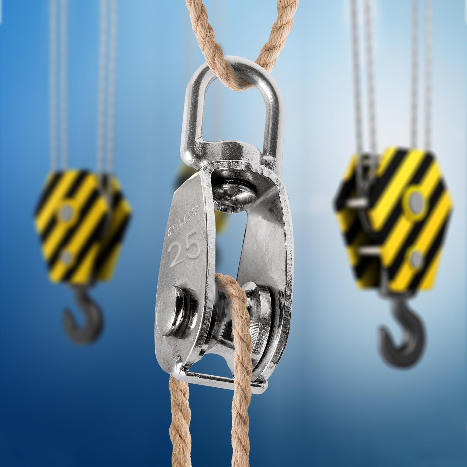 Polea de acero inoxidable 304 resistente, polea de grúa con gancho giratorio para levantar remolque colgante, rueda de polea de cuerda de alambre de grado industrial (M25, 12)