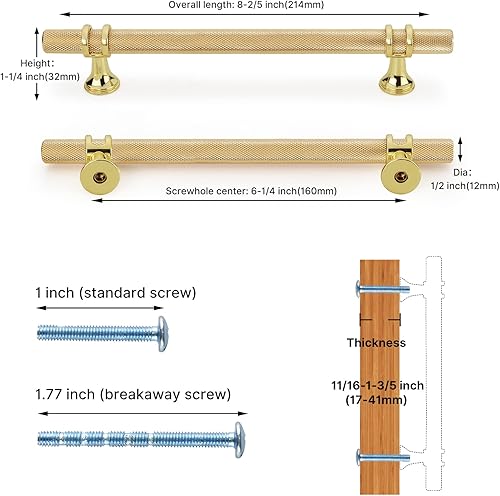 Miniatura 3 de Haliwu Paquete de 10 tiradores de gabinete dorados, tiradores de gabinete moleteados de 6-14 pulgadas, manijas de gabinete de oro champán, tiradores
