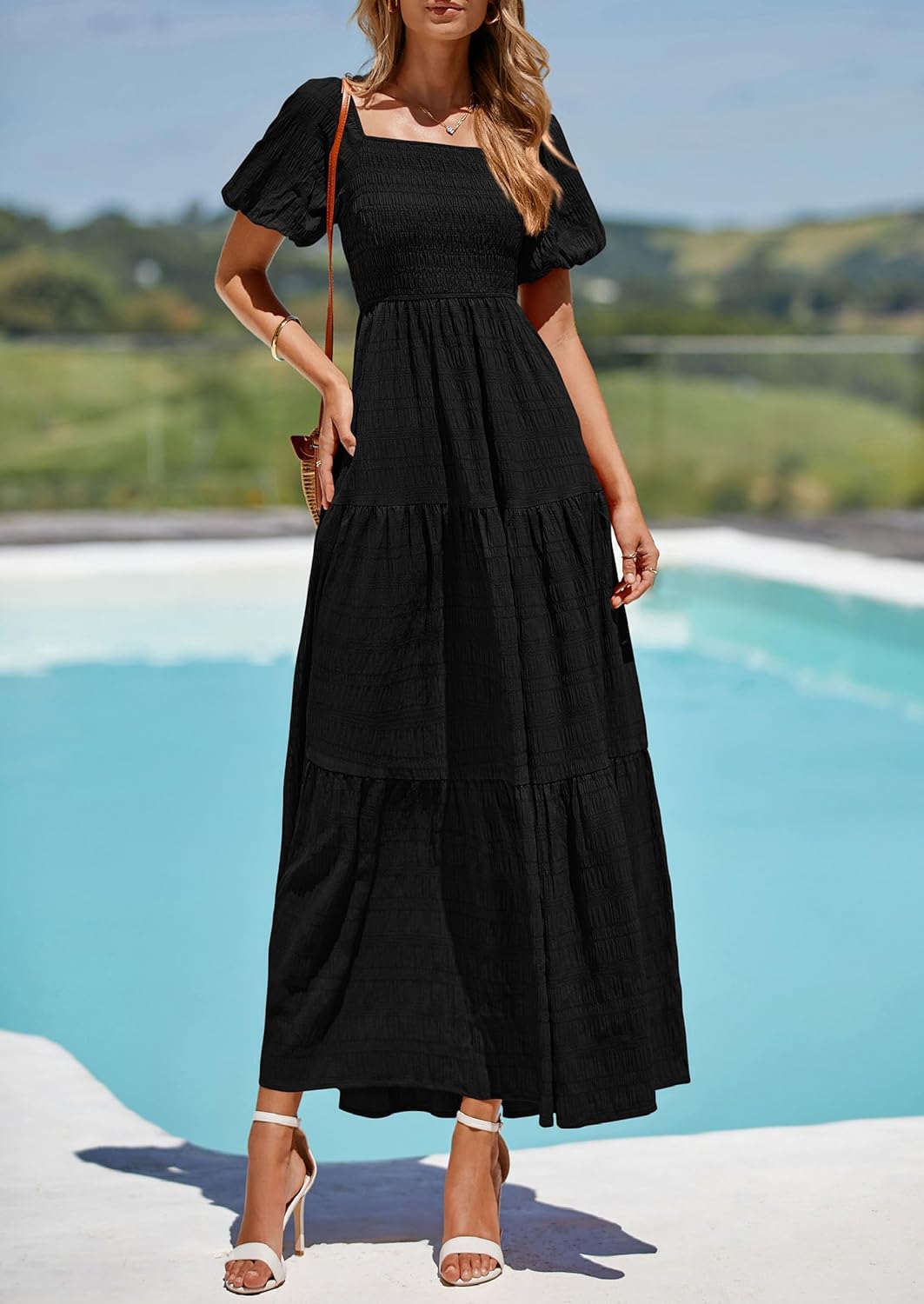 PRETTYGARDEN Womens Summer Puff Short Sleeve Maxi Dress Square Neck Smocked Tiered Ruffle A Line Long Flowy Beach Dresses - Image 4