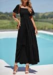 PRETTYGARDEN Womens Summer Puff Short Sleeve Maxi Dress Square Neck Smocked Tiered Ruffle A Line Long Flowy Beach Dresses