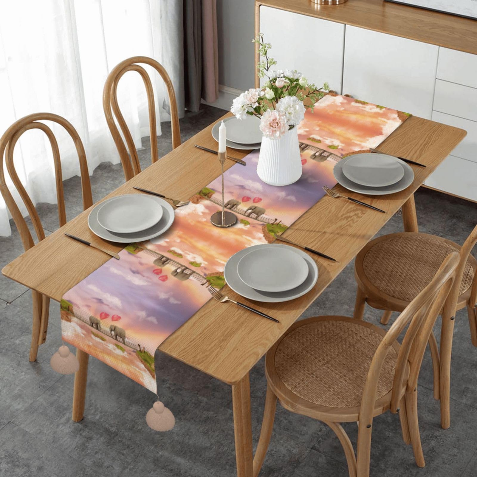 Chemin de table macramé bohème beige avec pompons déco table salle à manger et mariage