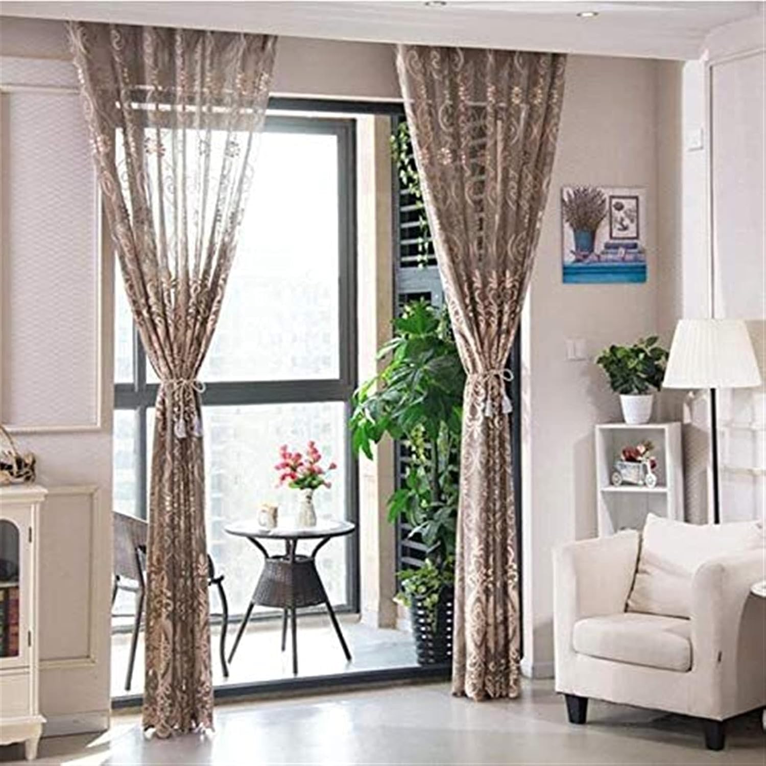 Jacquard Semi Blackout Curtains, Voile Quiet Punched Curtain Living Room Bedroom European Style Floral Window Panels 1 Pc (Color : Coffee Color, Size : W300*H275cm)
