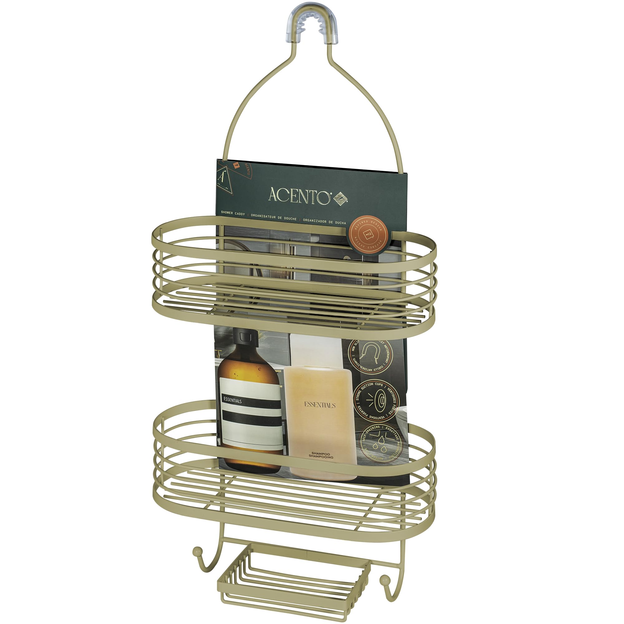 ACENTO Hanging Shower Caddy 3-Tier Extra Wide in Gold Bathroom Shower Organizer with Hooks Suction Cups with Soap