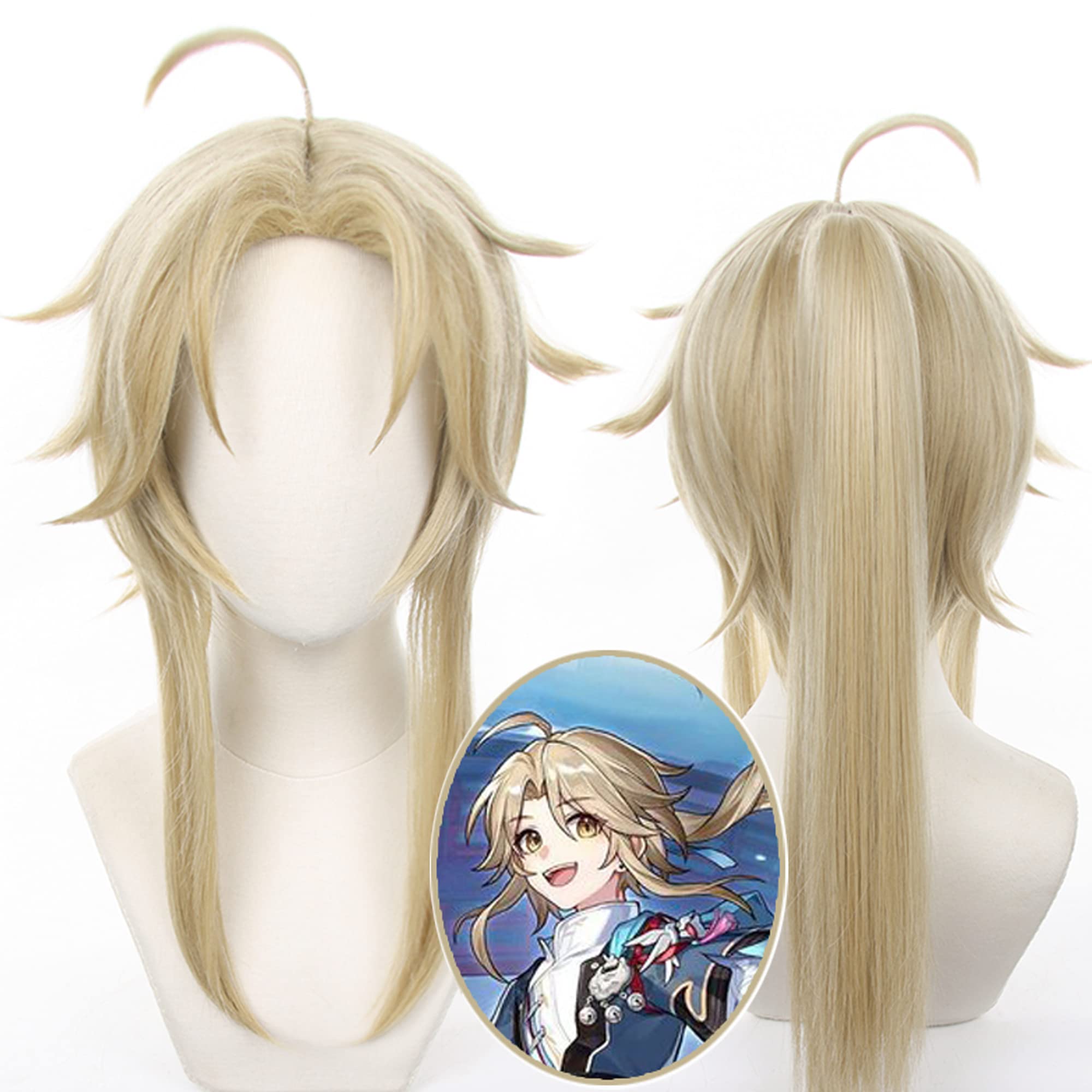 Blonde Long with Ponytail Sideburn Heat Resistan Synthetic Hair Wigs for Unisex Adult Women Men Halloween Christmas Anime Cos Party Replacement Wigs