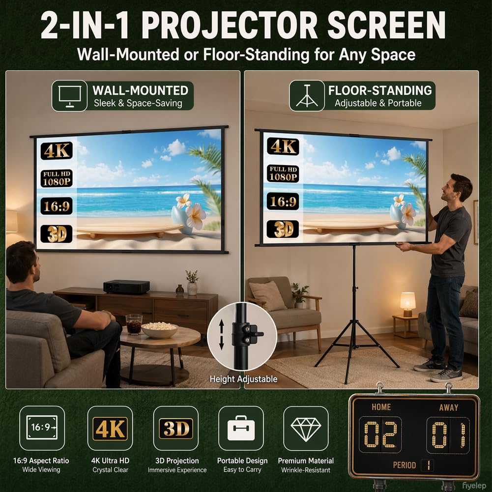 DASIAUTOEM Leinwand Beamer mit Stativ, 100 Zoll Projektionsleinwand 16: 9 HD, Tragbar Projektor Leinwand, 4K HD-Projektionsleinwand für Heimkino, Sportereignisse, Büro, Schule, Treffen