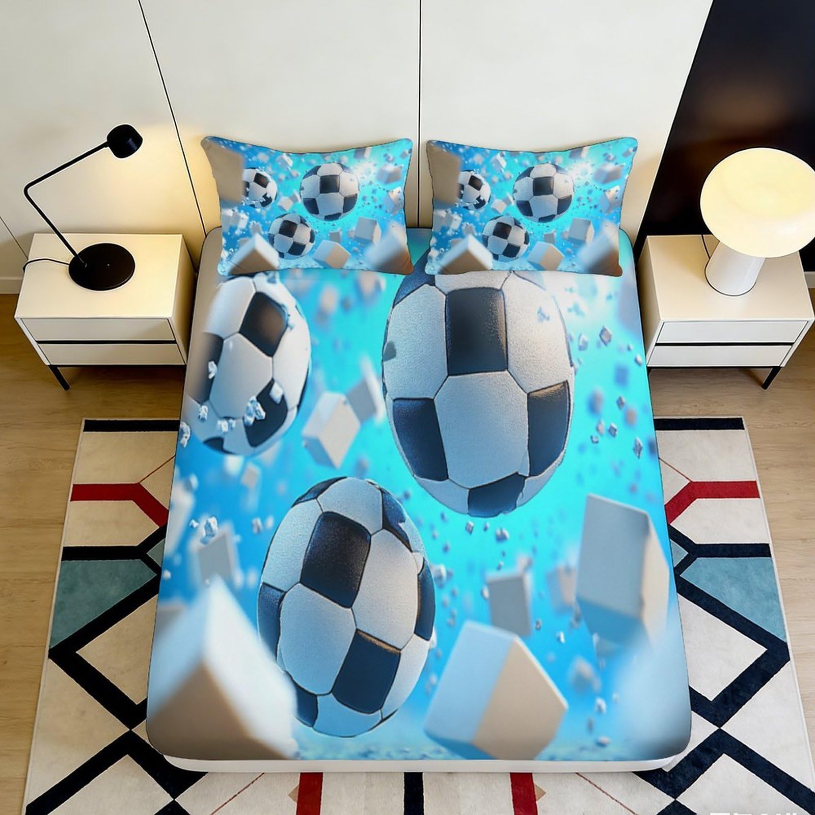 Pnayamiorkfel Style-9 3D Printed Soccer Ball Fitted Sheet Microfiber Soft Breathable Blue Sports Bed Sheet For Bedroom Guestroom Decor Mattress Protection 90X200x25cm