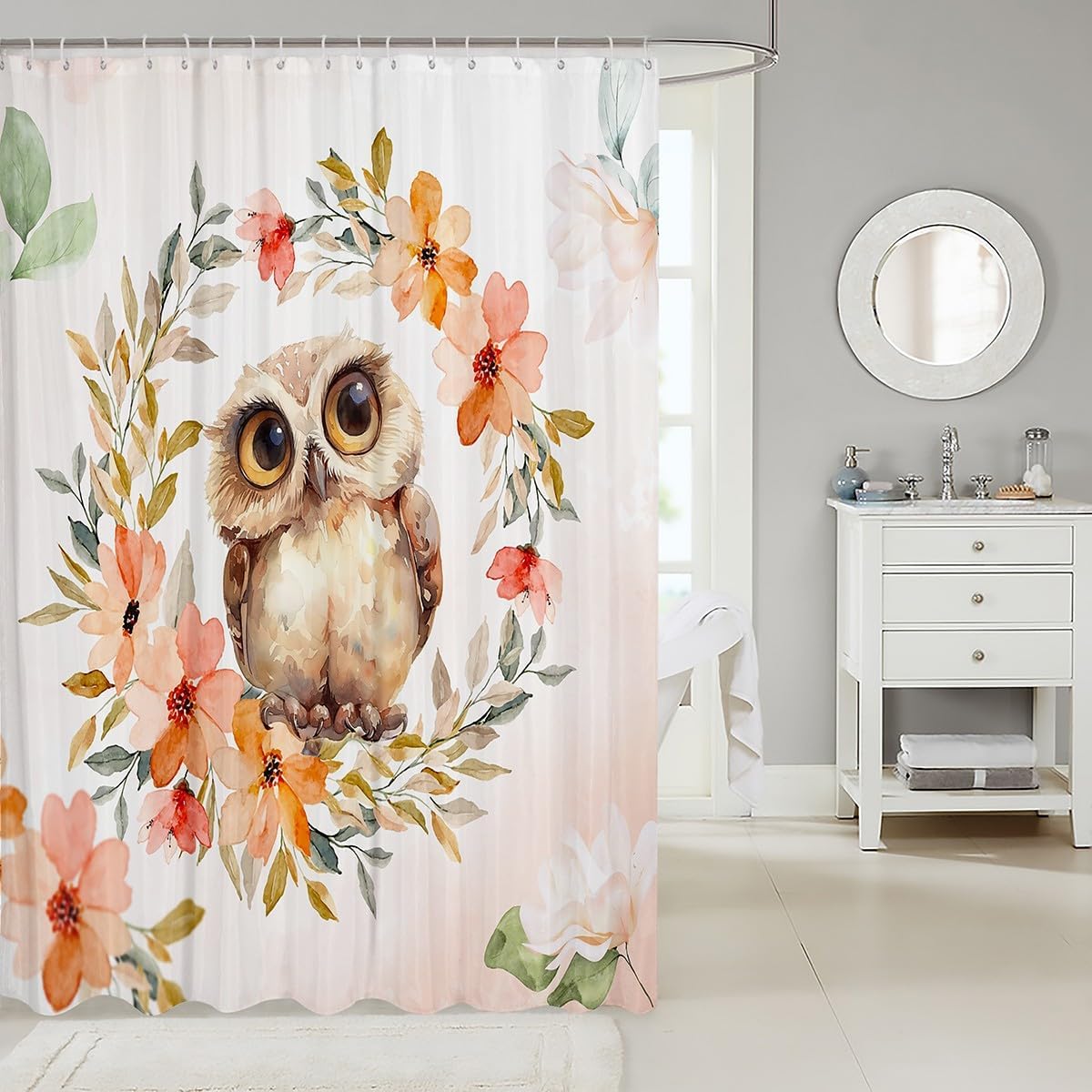 Manfei Cartoon Owl Shower Curtains Watercolor Flower Bathroom Curtains for Kids Boys Girls Room Decor, Floral Animal Theme Waterproof Bath Curtains with 12 Hooks Suits for Bathtub, 72" W x 78" L