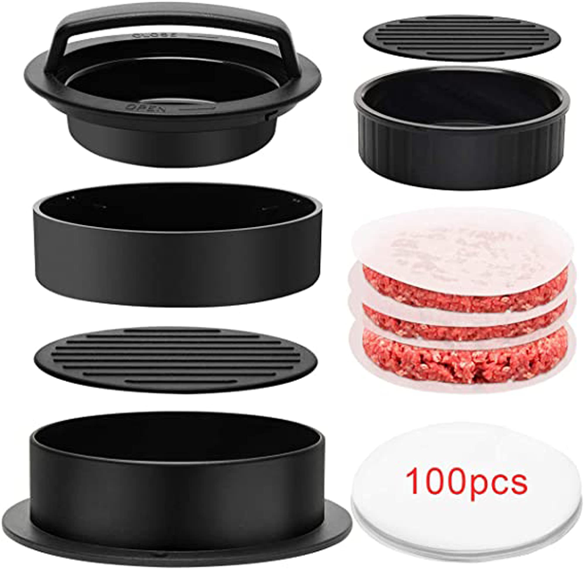 Hamburger Press Patty Maker, Rumanle Non-Stick Stuffed Burger Press 3 in 1 Different Size Burger Maker Mold for Stuffed, Sliders, Regular Beef Burgers, Kitchen & Grilling Accessories - Black