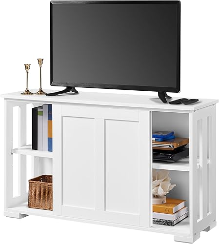 Yaheetech Soporte de TV para TV de hasta 45 pulgadas, mueble de TV con puerta corredera y estante ajustable, centro de entretenimiento para sala de