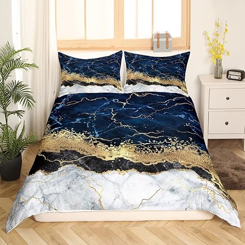 Miniatura 4 de Juego de funda de edredón de mármol dorado dorado, juego de ropa de cama azul marino con piedra mármol para niños y adultos, teñido anudado, arte