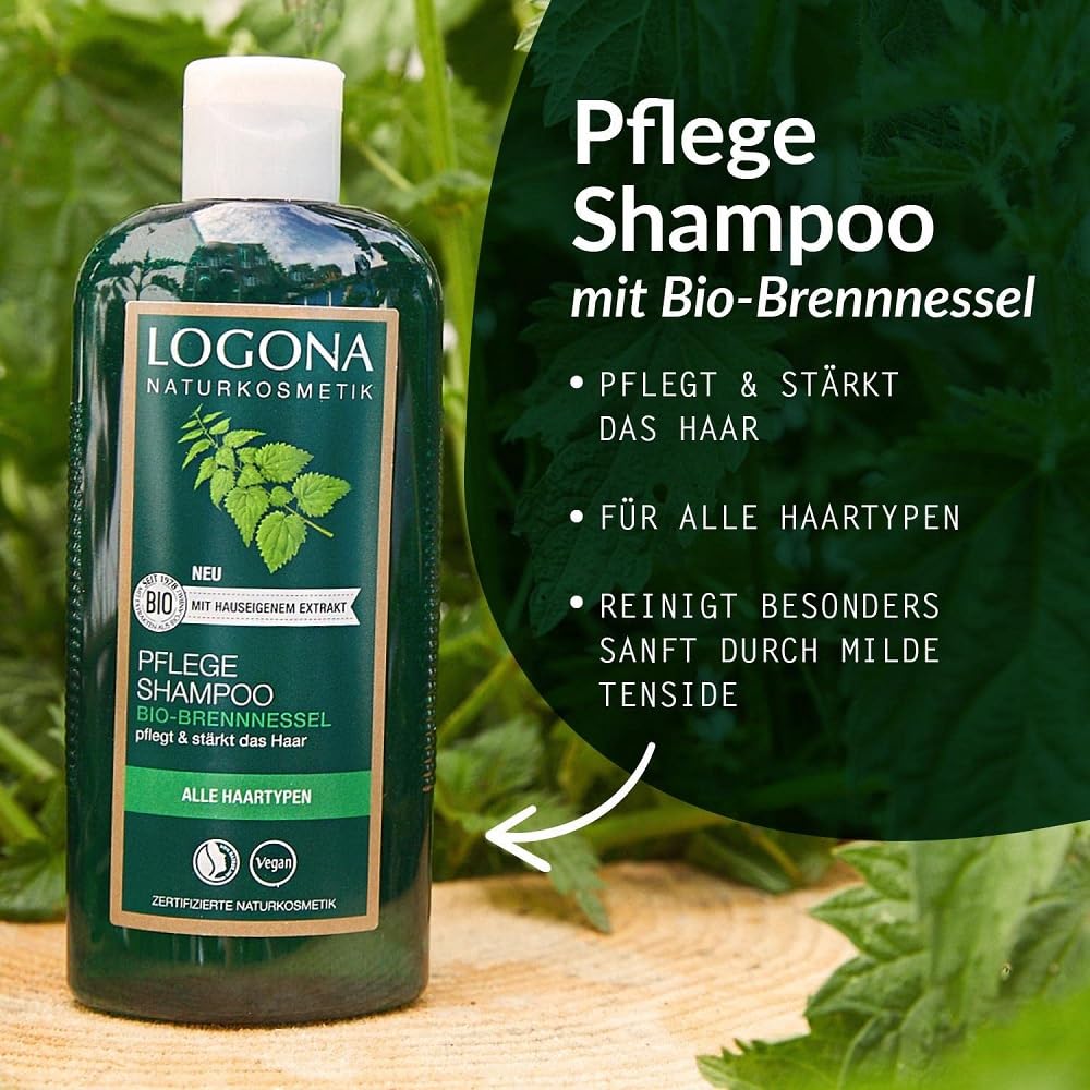 LOGONA Naturkosmetik Pflegendes Shampoo für natürlich gesundes Haar, Geeignet für alle Haartypen, Haarshampoo mit veganer Formel aus Bio Brennnessel, 1 x 500 ml (Packung mit 4)