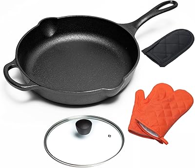 IPROUDER Pre-Seasoned Cast Iron Skillet 10.6 Inch with Glass Lid and Oven Gloves - Updated Curved Handle for Leverage - Contoured Pour-Spouts - Perfect Skillet for Frying, Camping, BBQ