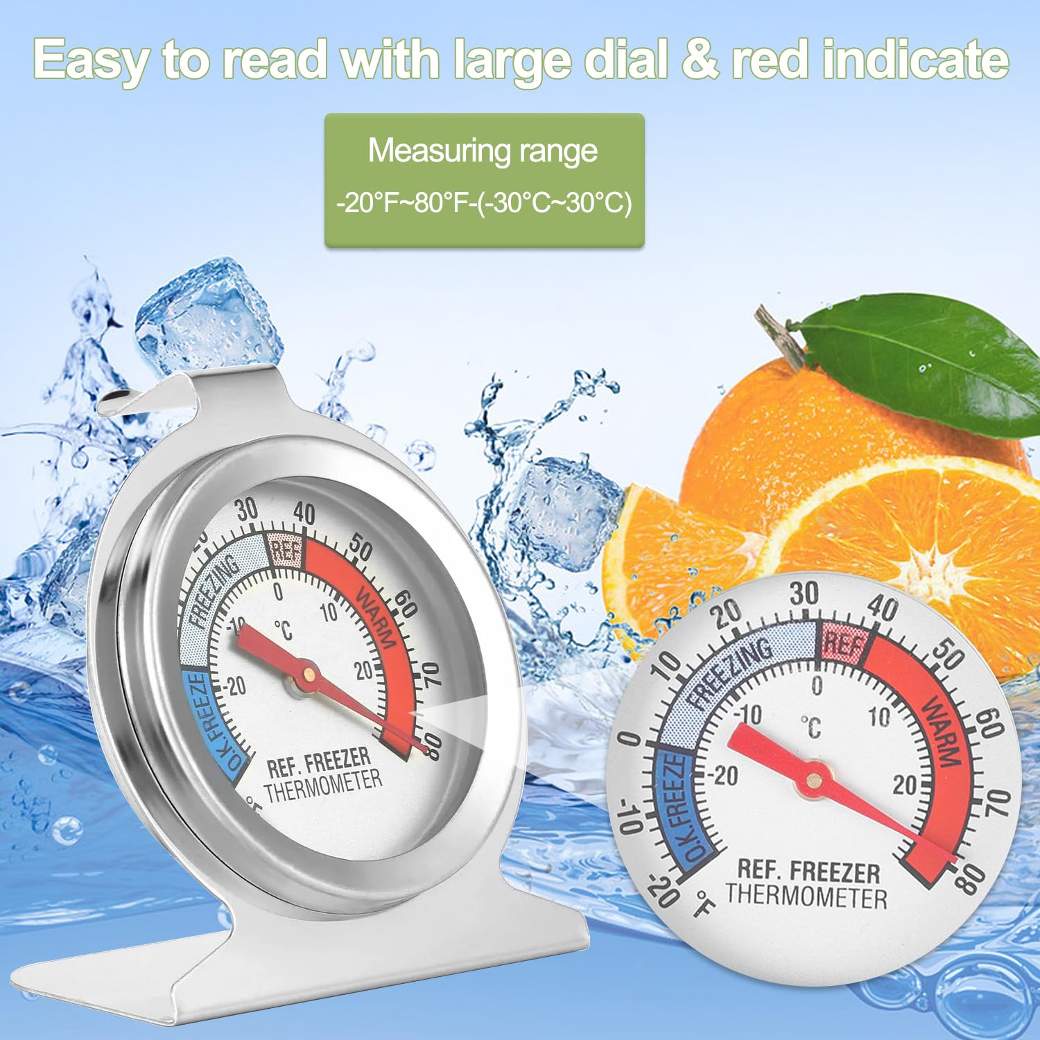 Confezione da 12 termometri classici per frigorifero e congelatore, con quadrante grande, in acciaio inox, con indicatore rosso, da -30 ℃ a 30 ℃