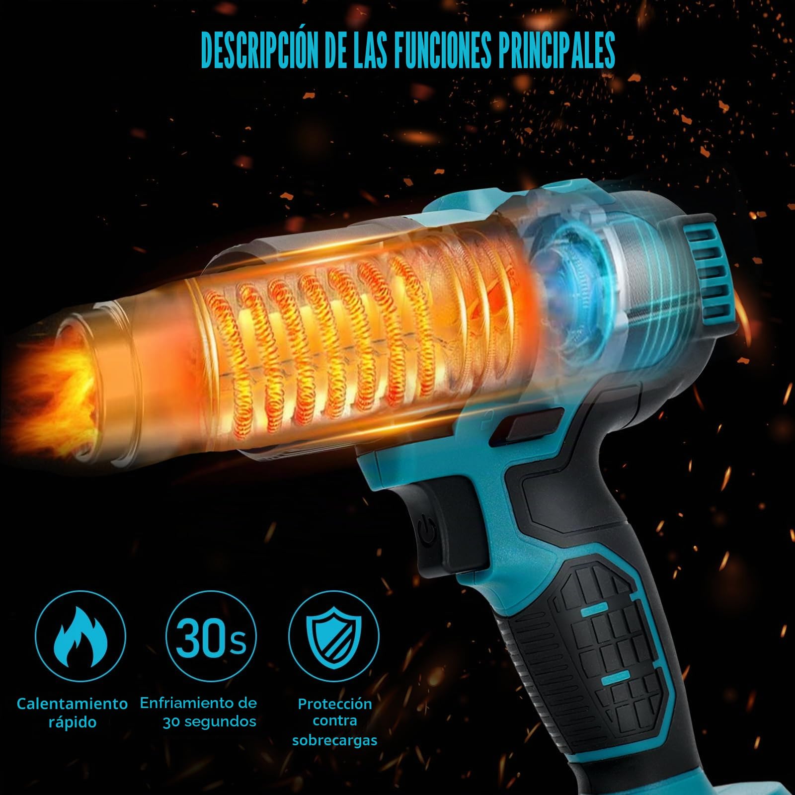 Pistola de Calor Inalámbrica Compatible Con Baterías Makita 18V, Pistola de Aire Caliente con 8 Boquillas, Pantalla LCD Digital, 4 ajustes de temperatura, máx. 500 °C (sin batería)