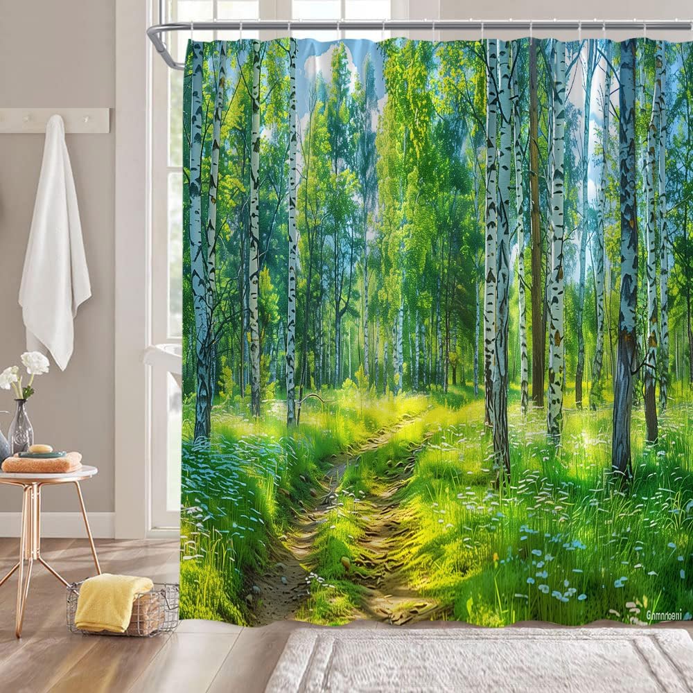 Green Forest Shower Curtain Nature Birch Tree Floral Plant Scenery Landscape Rustic Extra Long Bathroom Decor Curtain with Hooks,70W x78 H