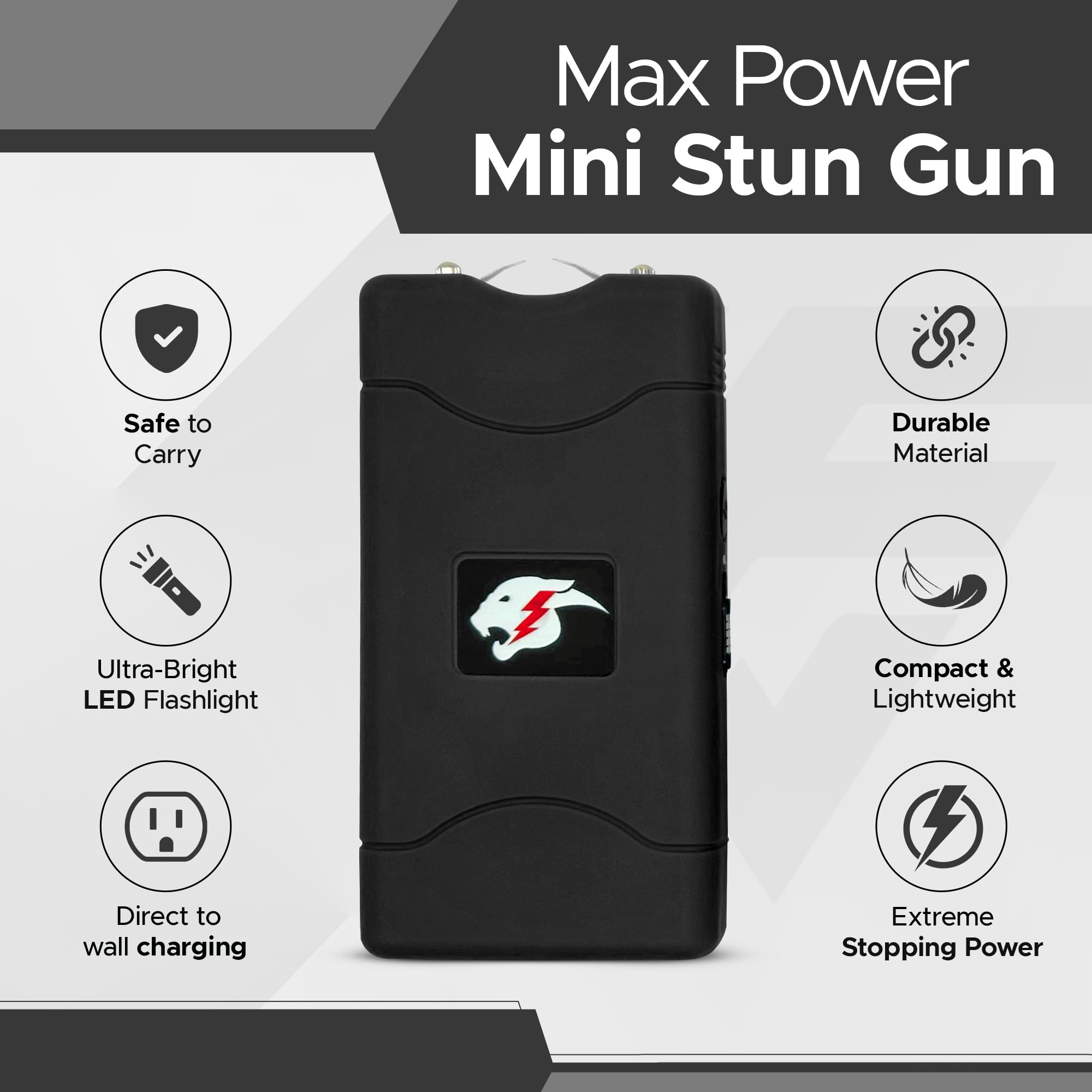 FURY Mini Stun Gun- Heavy Duty Self Defense with LED Flashlight Carrying case Belt Loop and Direct to Wall Charging (Black)