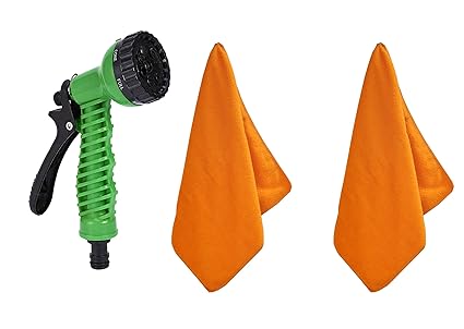 INGENS Microfiber Cleaning Cloths,40x40cms 400GSM Orange-Colour! Highly Absorbent, Lint and Streak Free & High Presher Water Spray Gun for Watering, Homes,car & Bike (Spray Gun & 2 Pieces Cloth)