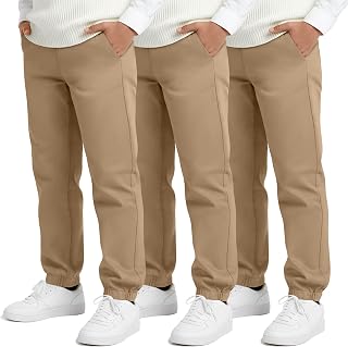 3 Pack Boys Uniform Jogger Pants Kids Cotton Pull-on Elastic Waist Relaxed Fit School Clothes with Pockets(Khaki,12-13 Years)