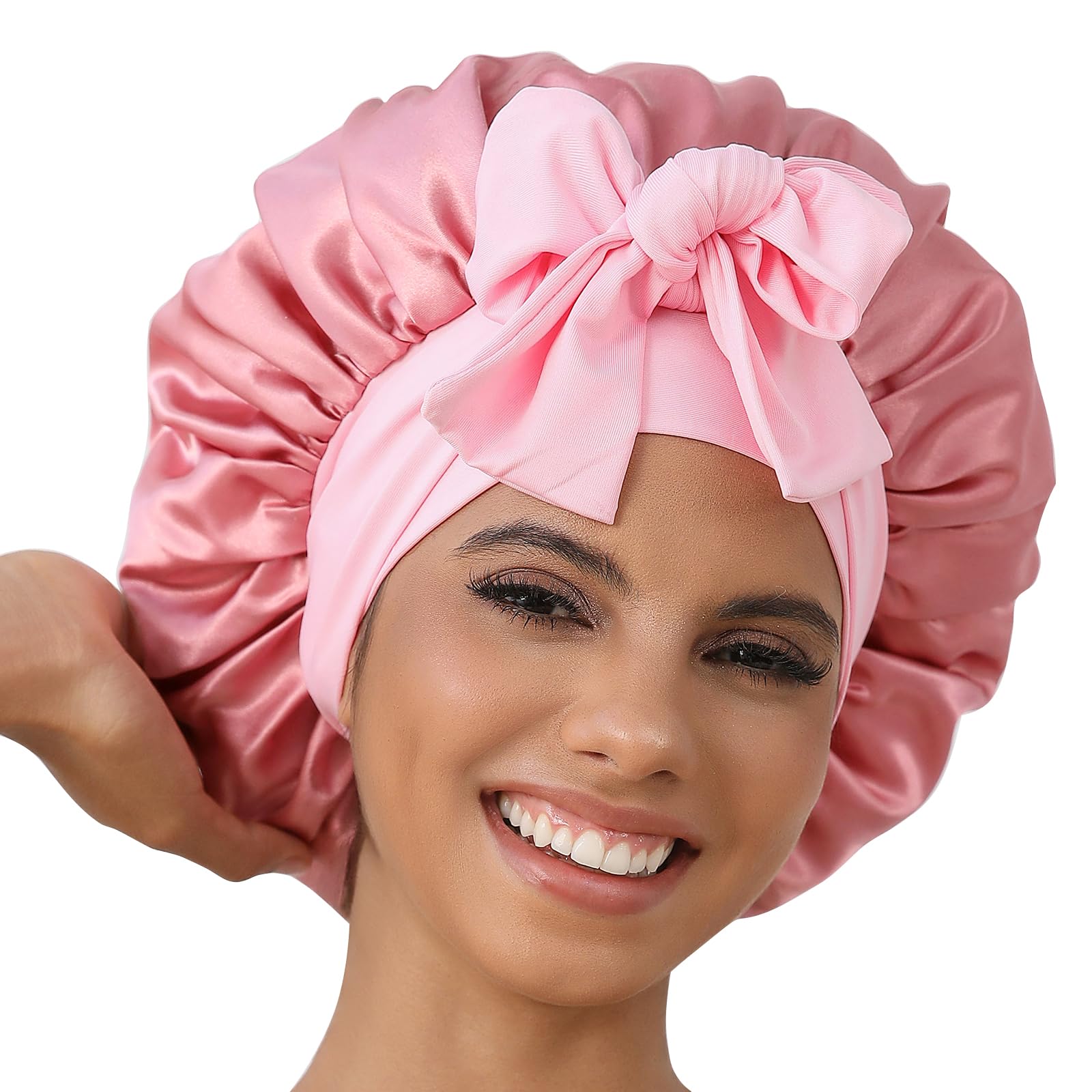 GDTOGRT Satin Silk Bonnet for Sleeping Women,Double Layer Sleep Hair Bonnets Caps for Curly Natural Hair with Tie Band - Pink