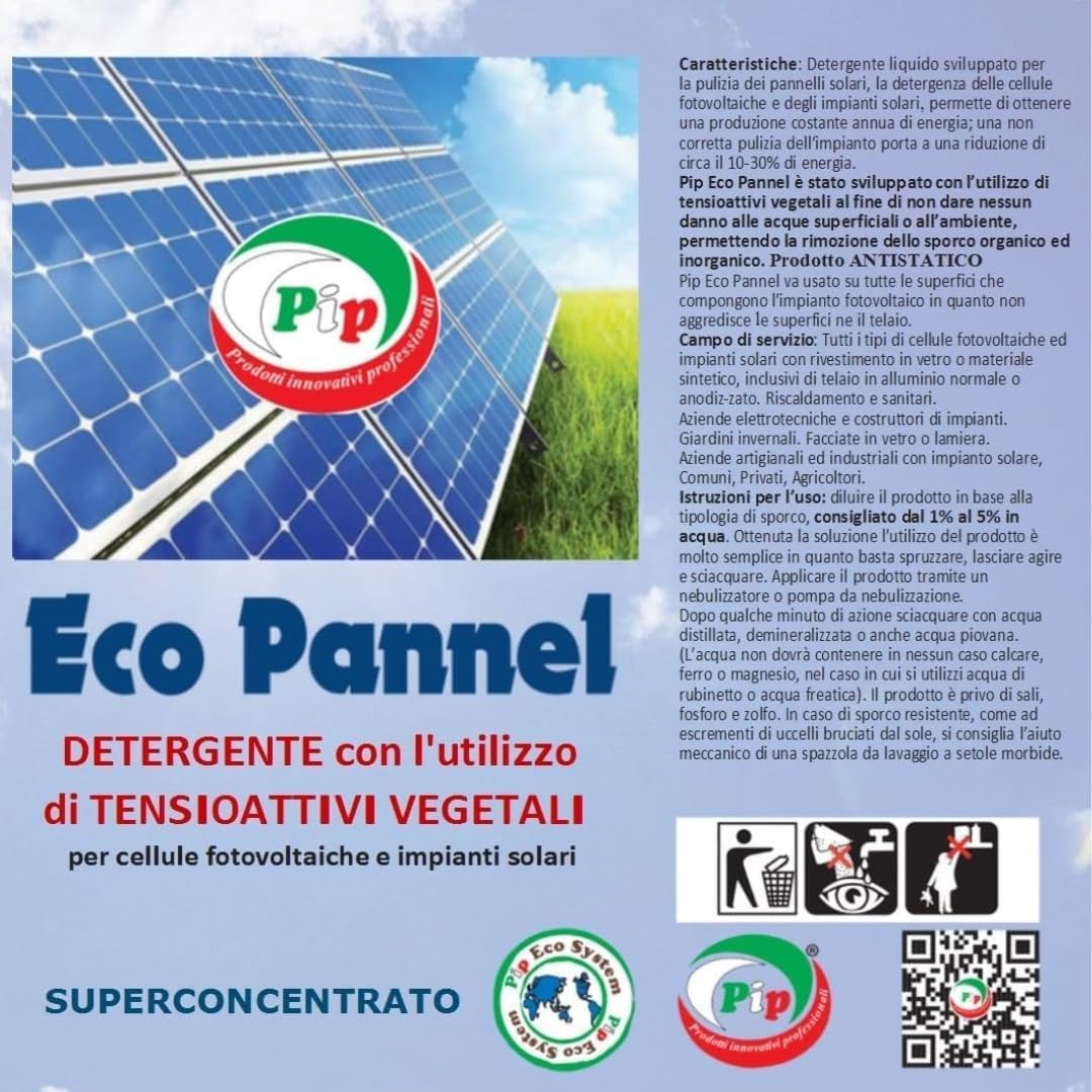 PIP Eco Detergente Concentrato Pannelli Fotovoltaici 1L - Pulizia Pannelli Solari Vegetale Ecologica Antistatica
