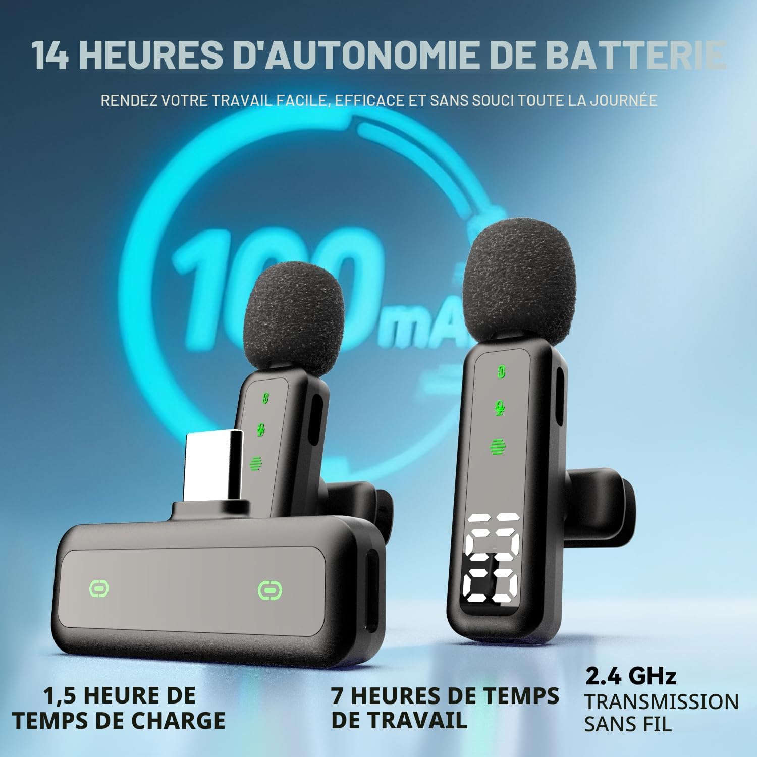 Microphone Lavalier sans fil avec affichage LED, microphone Lavalier à clip avec réduction du bruit pour enregistrement vidéo, Tiktok, Youtube, créateur de contenu de podcast Vlog (noir)