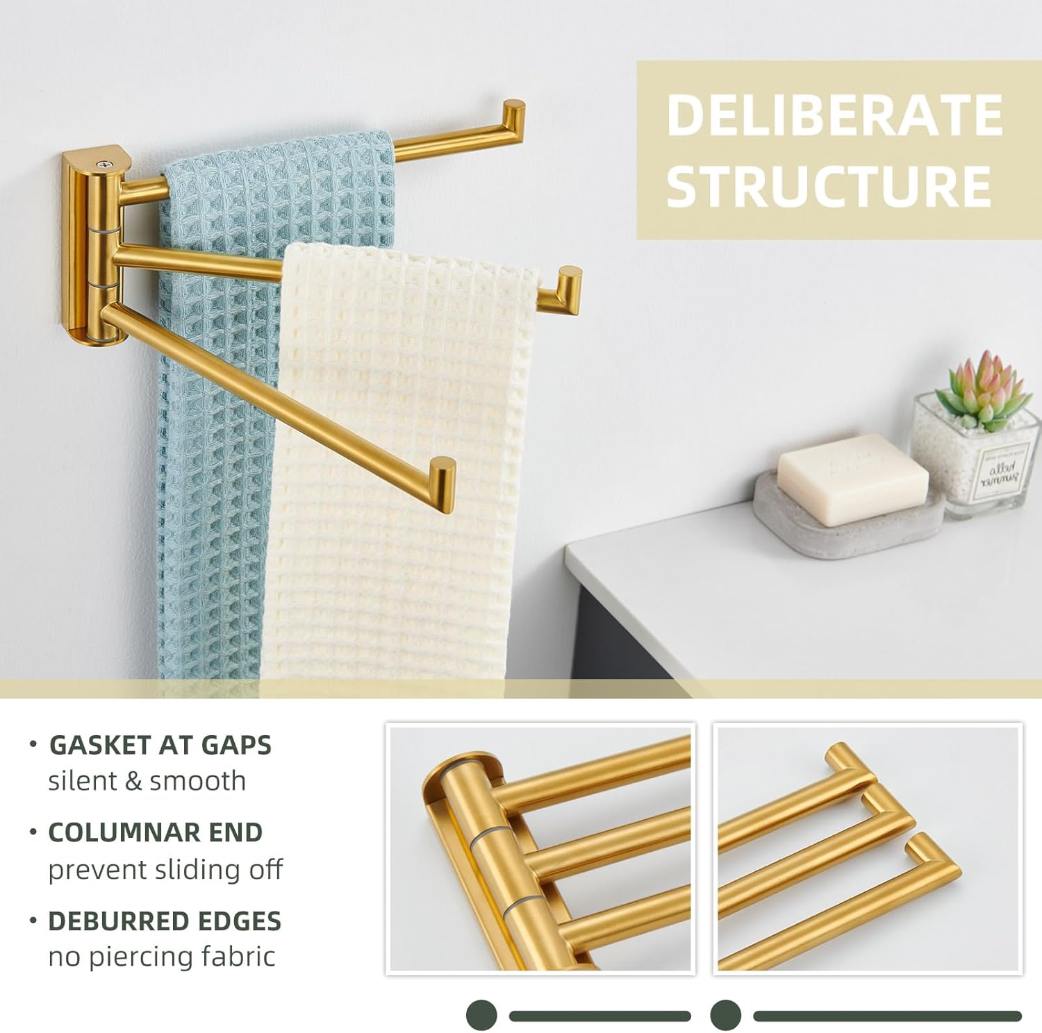 Angle Simple Swivel Hand Towel Rack, SUS 304 Stainless Steel Foldable 3 Towel Holder Bars for Bathroom Kitchen, Brushed Dark Gold