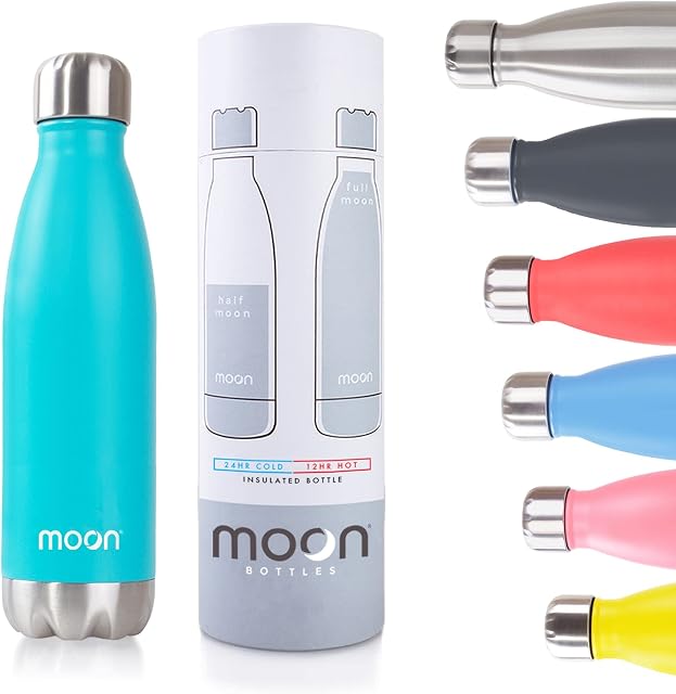 moon bottles - Carbon Neutral Stainless Steel Metal Water Bottle & Vacuum Flask - 24 Hrs Cold & 12 Hot - Insulated Drinks Bottles, Double Walled Reusable Drink Flasks, Leakproof (500ml, Aqua Green)