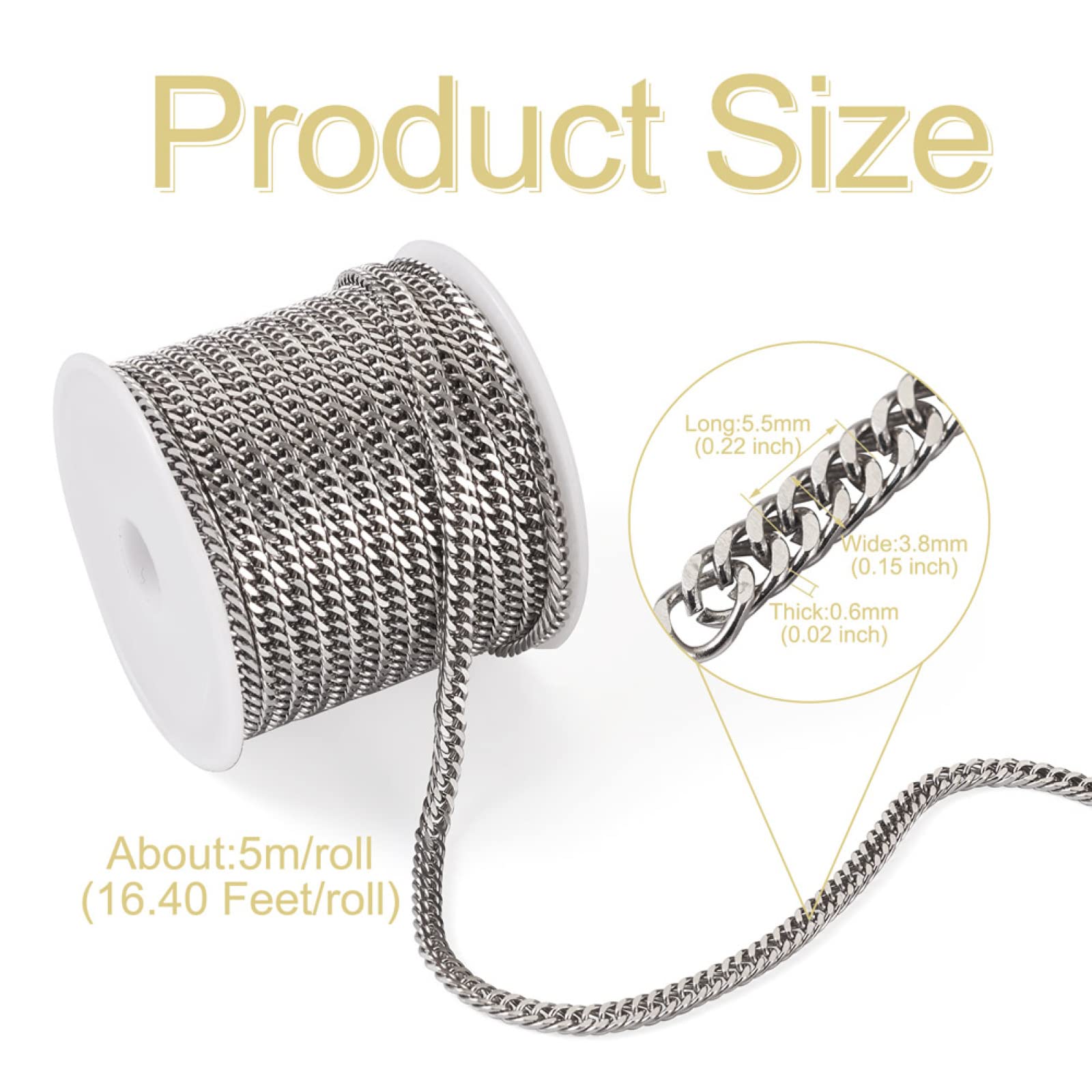 Beadthoven 1 Roll 16.40 Feet Stainless Steel Curb Chains 3.8x1.5mm Unwelded Twisted Metal Bracelets Necklaces Link Chains with Spool for Women Men Jewelry Making - Image 3