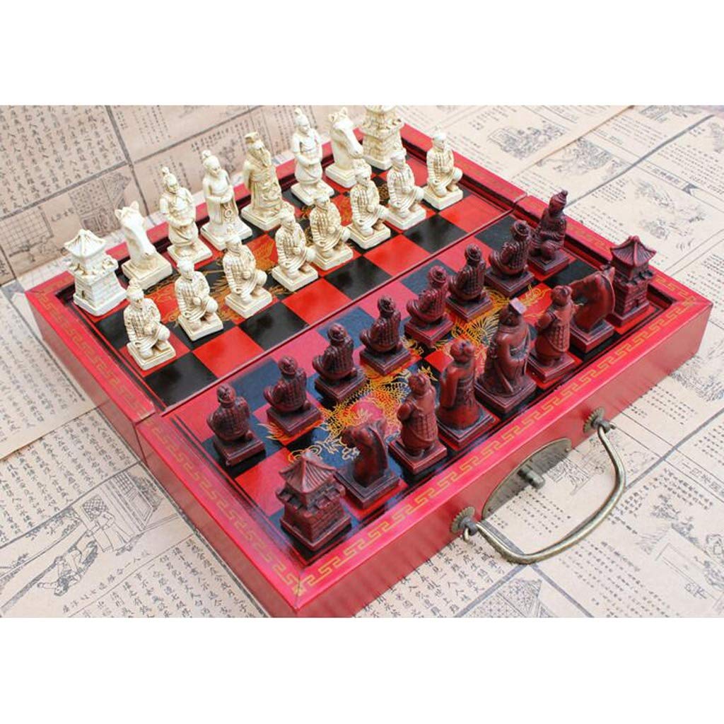 MYBA Scacchiera Scacchi Pieghevole di Legno Scacchi Cinesi Retro Guerrieri di Terracotta di Scacchi di Legno Fa Il Vecchio Intaglio Chessman di Compleanno Regalo di Natale in Resina Regalo