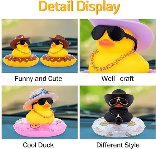 Miniatura 5 de wonuu Pato de goma para automóvil, decoración de pato amarillo con sombrero de sol, anillo de natación, collar de gafas de sol para decoración de