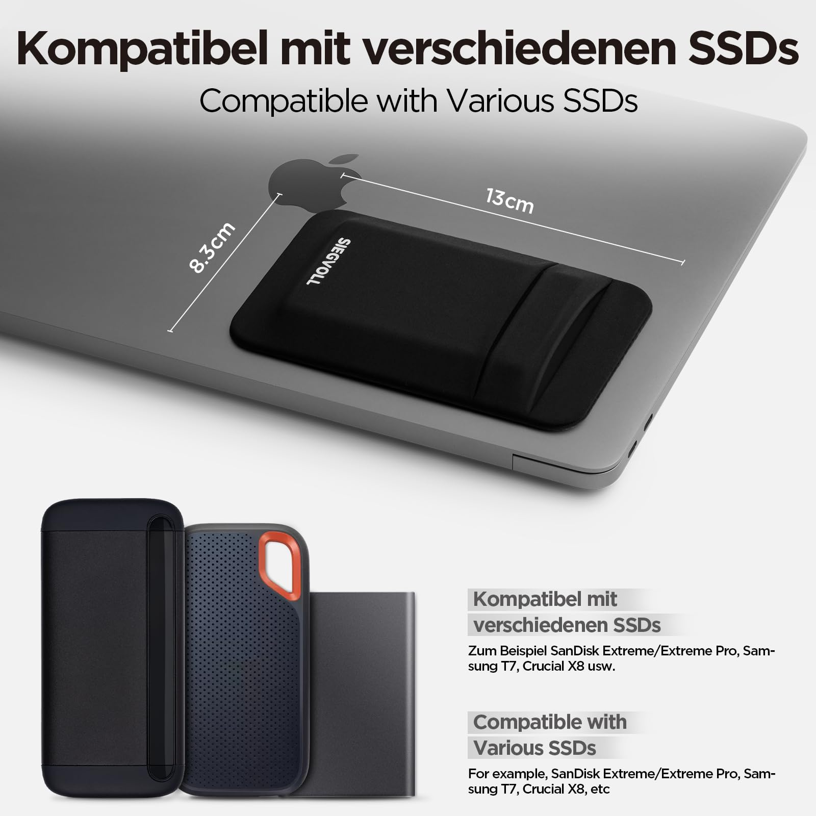 Siegvoll 2-kieszeniowa torba samoprzylepna na laptopy (1 sztuka), kompatybilna z przenośnym zewnętrznym dyskiem SSD (np. Samsung, Crucial), kablami USB i innymi – czarna