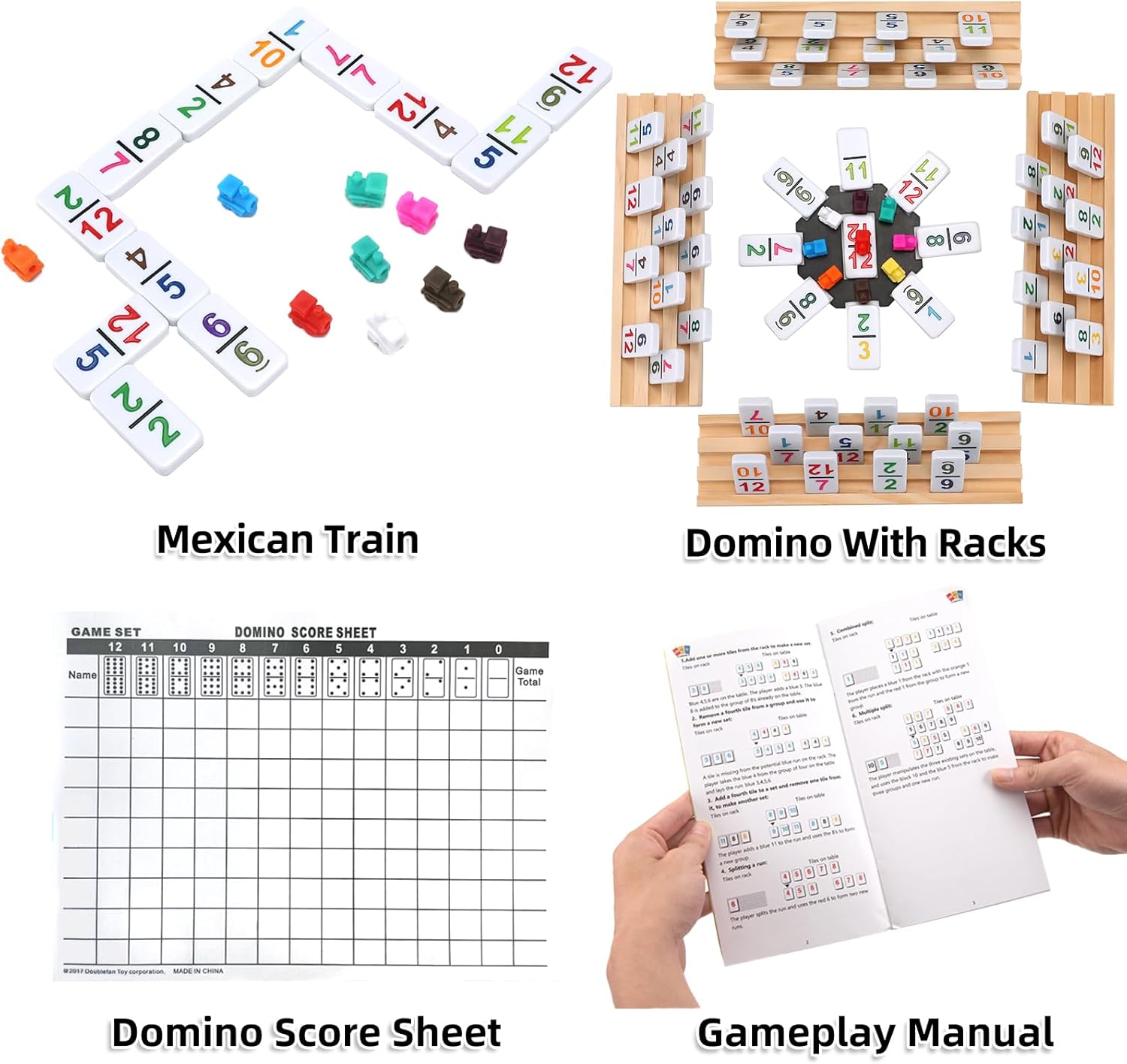 Mexican Train Dominoes Set Numbers and 8 Wooden Holders, Double 12 Travel Domino Train Game with 91 Colored Tiles and Protable Case, Number Domino Set for Kids, Adults Family Board Team Games