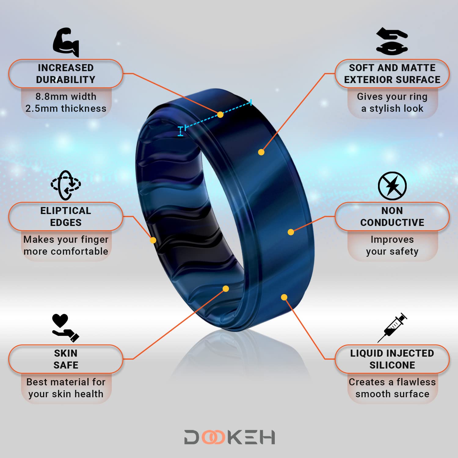 Anillo de silicona, banda para hombre, negro, azul, diseño de onda transpirable 4
