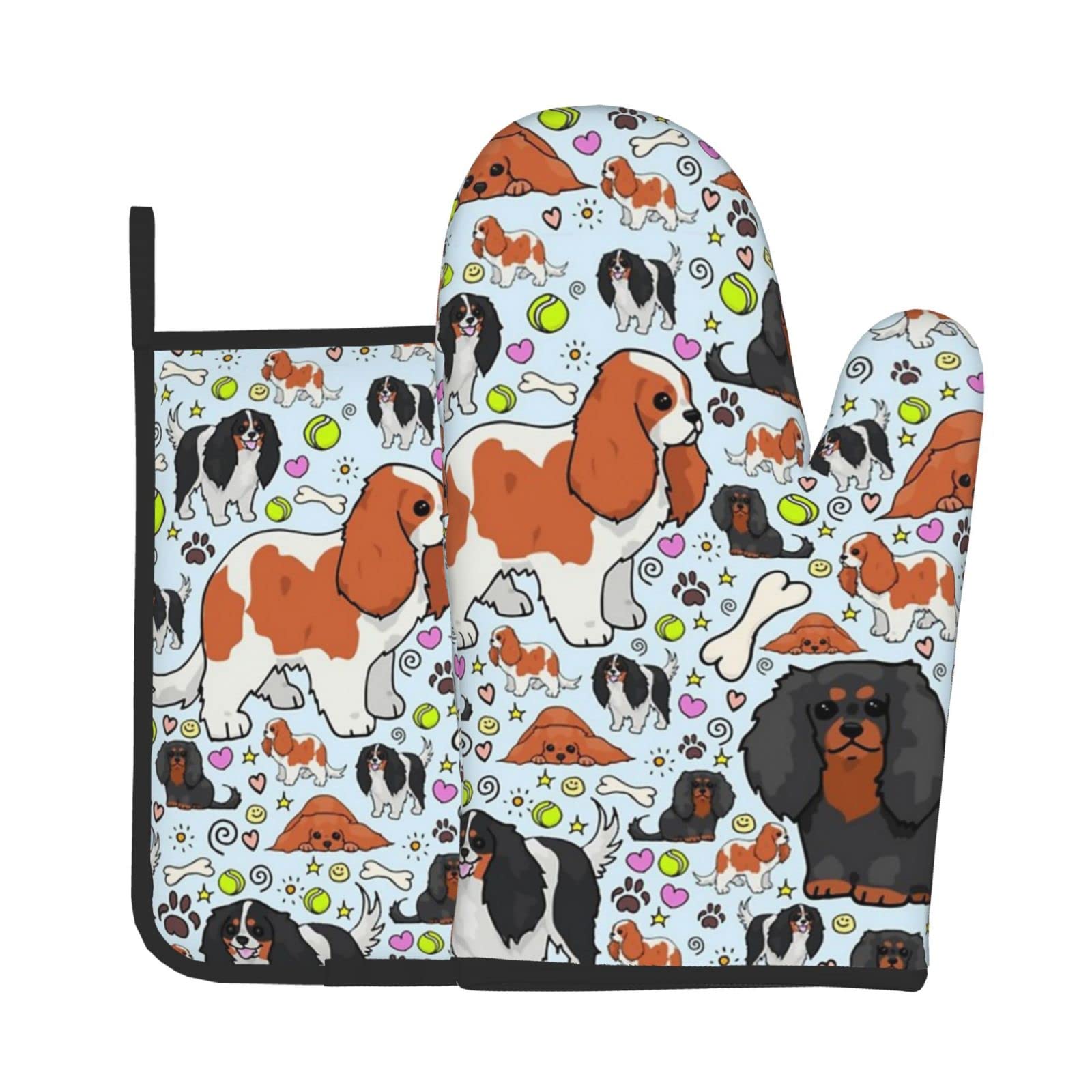 Vikeiac As Pic Cavalier King Charles Spaniel Pattern Oven Mitts & Pot Holders Sets Potholders With Hanging Loop Non-Slip Kitchen Cooking Gloves For Bbq Baking Grilling