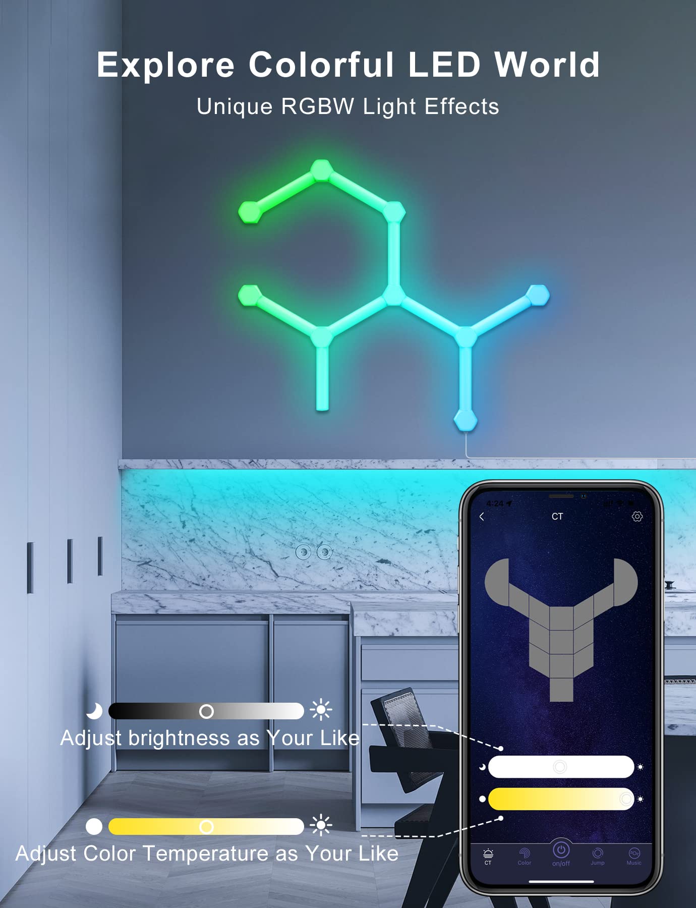 LED Hexagon Light Panels, Wi-Fi RGB Lichtpanels Wandleuchten mit DIY Deko, Musik Sync, App-Steuerung, Funktioniert mit Alexa Google Assistant für Wohnzimmer,Gaming Zimmer, 9+9 LED Panels