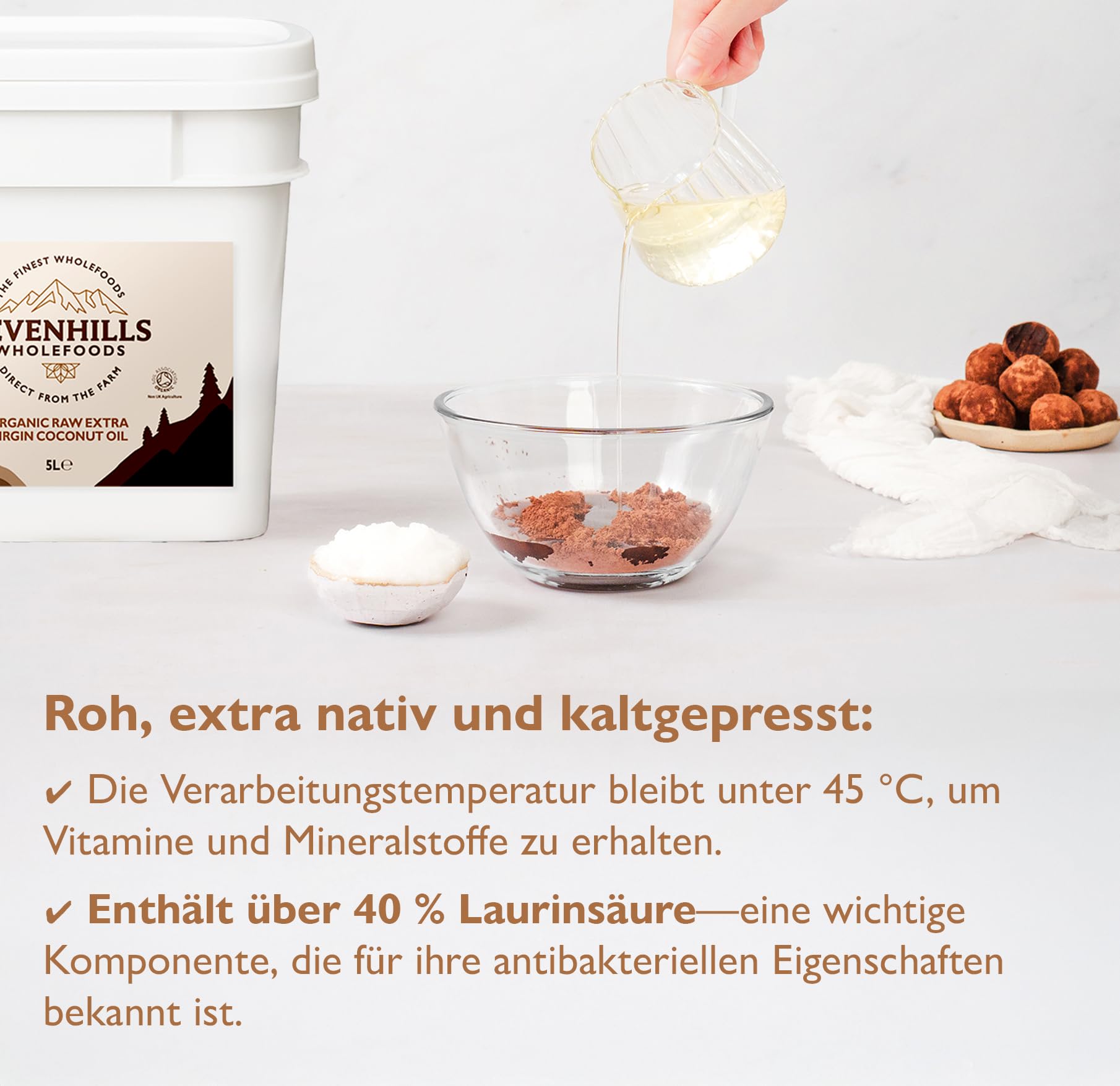 Sevenhills Wholefoods Kokosöl Bio 5L, Extra Vergine, Nativ, Roh, Kaltgepresst, zum Kochen & Backen, für Haut & Haare