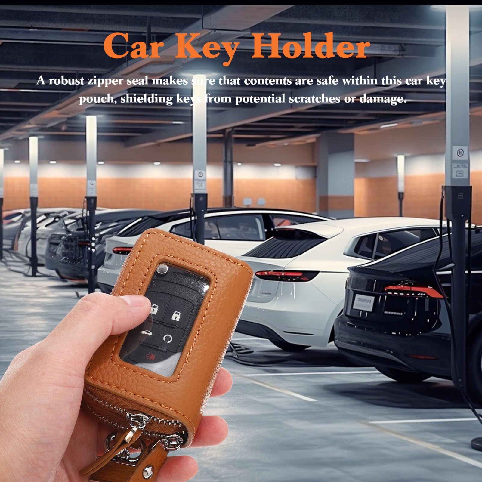 Custodia Chiavi Auto a Doppio Scomparto in Cuoio Marrone | Chiusura Zip, Organizzazione Interna Separata, Formato Compatto per Chiave Auto e Accessori
