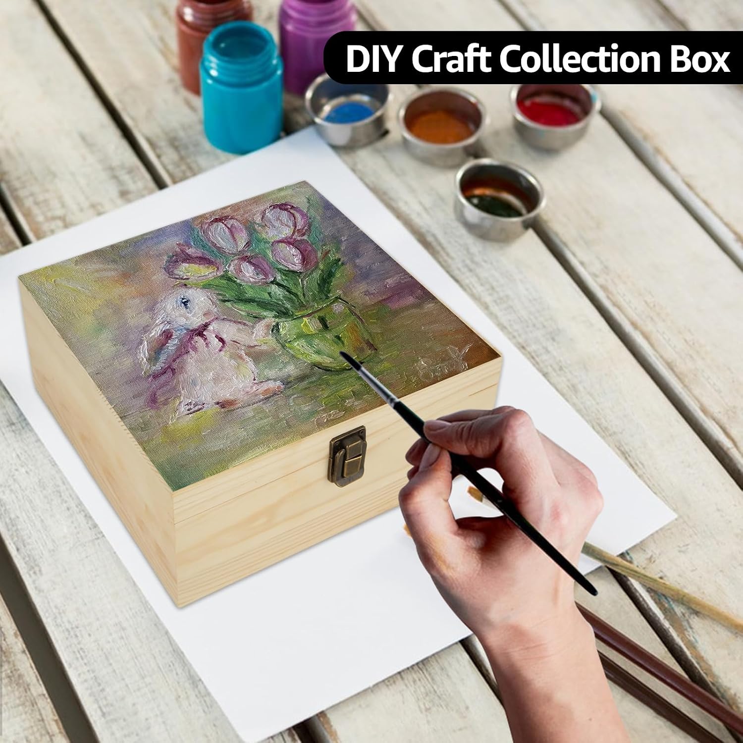 Acrux7 Unfinished Wood Box, 9.1" x 9.1" x 3.9" Large Wooden Box with Hinged Lid, Wooden Boxes for Crafts DIY Art Hobbies and Home Storage